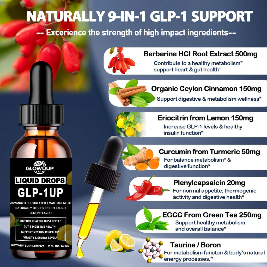 GLP-1 Supplement for Women & Men, 9-in-1 Naturally GLP-1 Support w. Berberine HCI Cyelon Cinnamon Green Tea Eriocitrin, GLP1 for Gut Digestion Metabolic, GLP-1 Drops 6X Stronger Than Capsules - TrustMedUSA