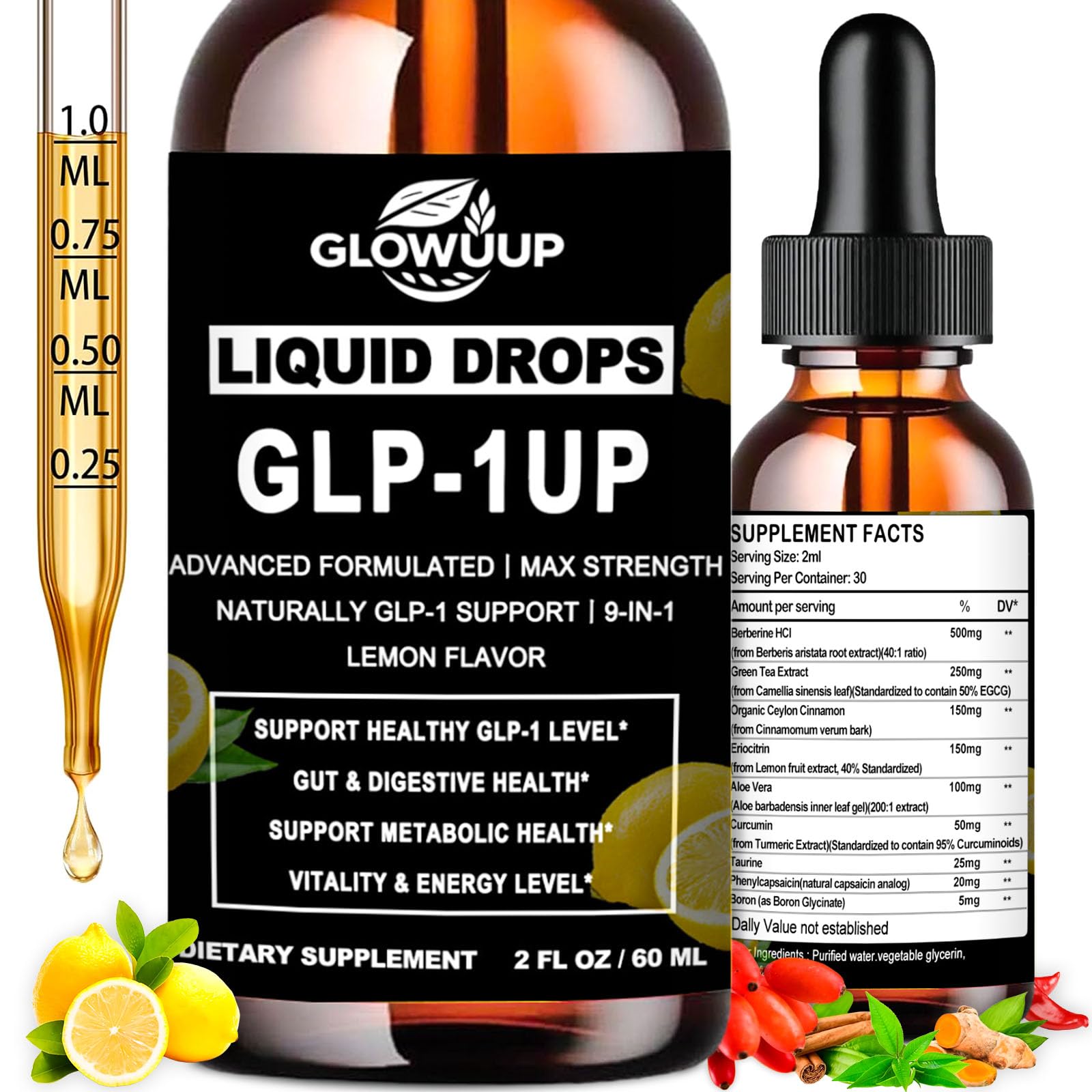 GLP-1 Supplement for Women & Men, 9-in-1 Naturally GLP-1 Support w. Berberine HCI Cyelon Cinnamon Green Tea Eriocitrin, GLP1 for Gut Digestion Metabolic, GLP-1 Drops 6X Stronger Than Capsules - TrustMedUSA