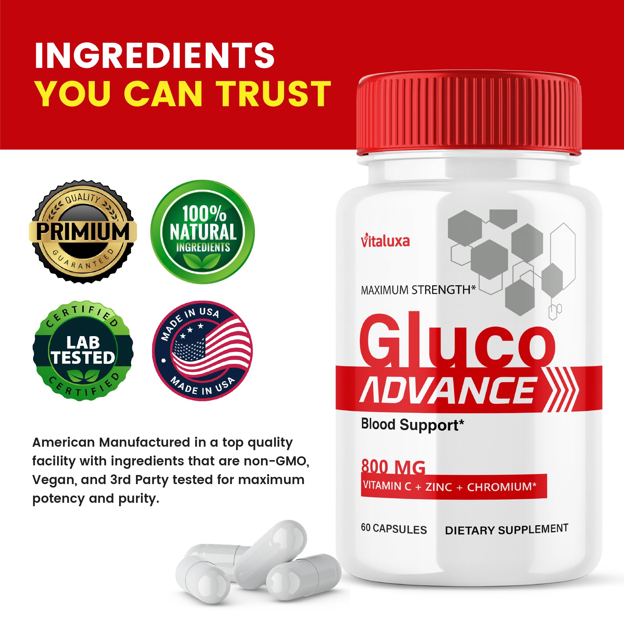 Gluco Advance Capsules, Gluco Advanced Blood Support Supplement GlucoAdvance Pills for Joints, GlucoseAdvance Premium Blend Flow Balance All Natural Formula Overall Health Wellness (60 Capsules) - TrustMedUSA