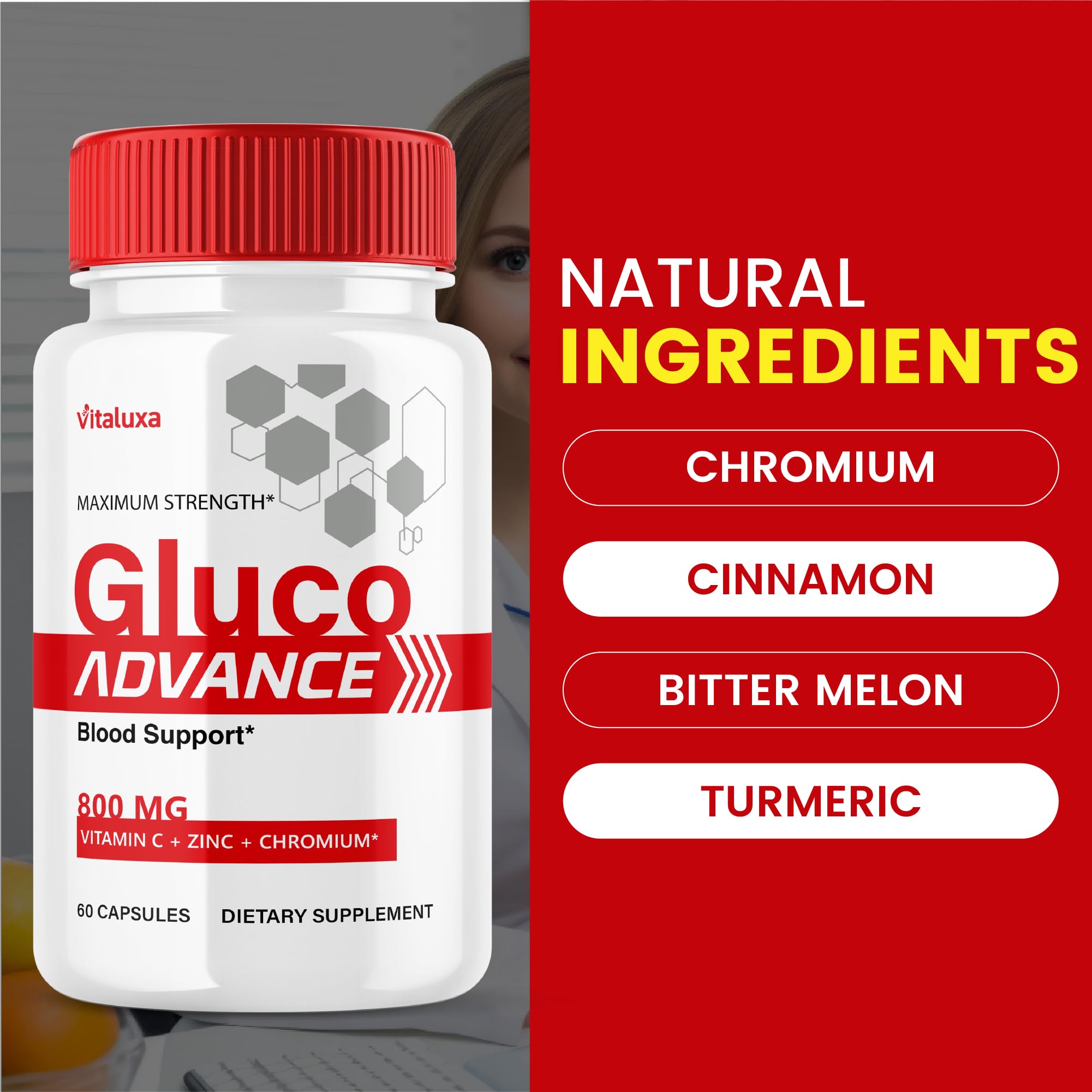 Gluco Advance Capsules, Gluco Advanced Blood Support Supplement GlucoAdvance Pills for Joints, GlucoseAdvance Premium Blend Flow Balance All Natural Formula Overall Health Wellness (60 Capsules) - TrustMedUSA