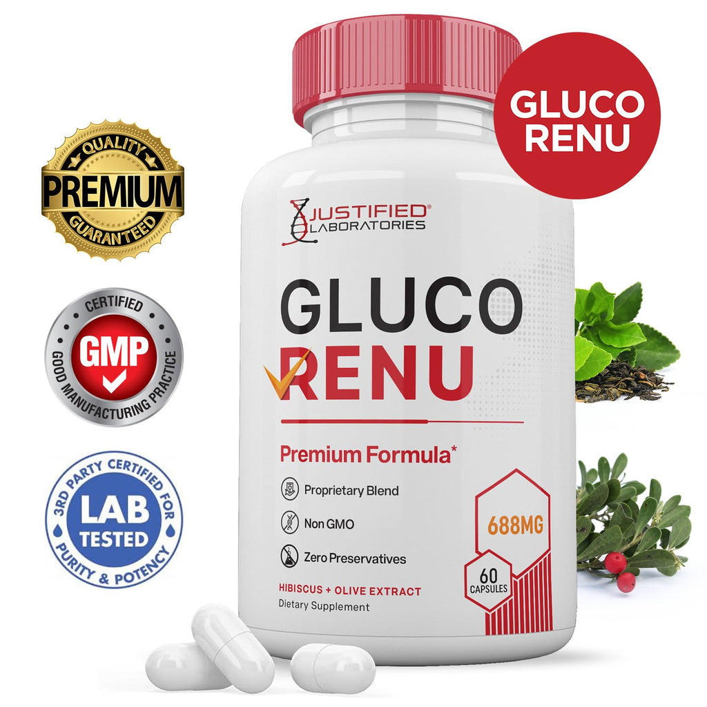 Gluco Renu 688MG Glyco Support Pills Premium Formula Gluo Renew Glycogen Support Formulated Hawthrone Hibiscus Garlic Junpier Powder Olive Forskolin Green Tea Extract 60 Capsules - TrustMedUSA