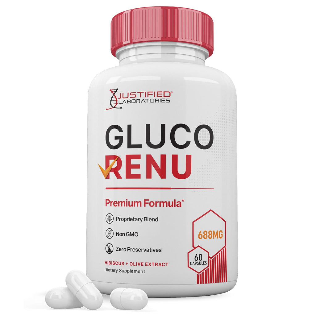 Gluco Renu 688MG Glyco Support Pills Premium Formula Gluo Renew Glycogen Support Formulated Hawthrone Hibiscus Garlic Junpier Powder Olive Forskolin Green Tea Extract 60 Capsules - TrustMedUSA