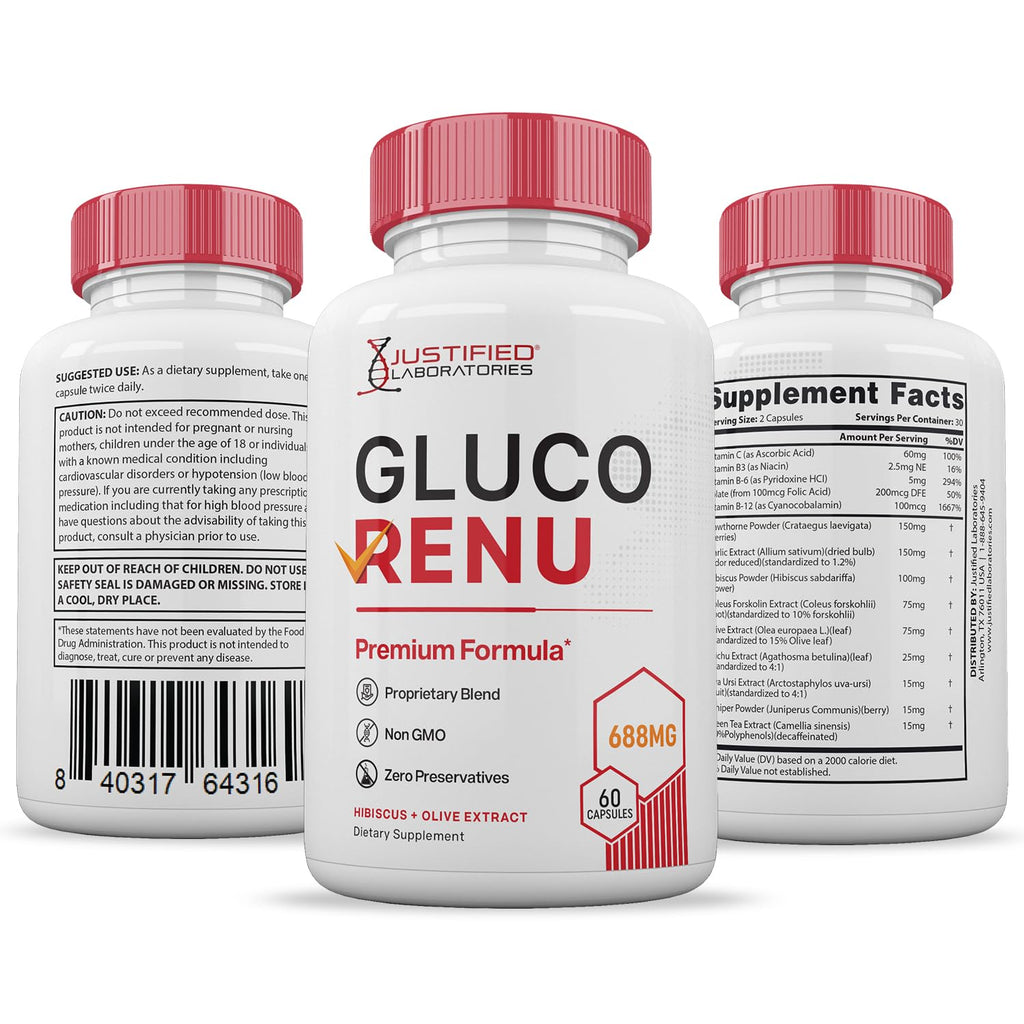 Gluco Renu 688MG Glyco Support Pills Premium Formula Gluo Renew Glycogen Support Formulated Hawthrone Hibiscus Garlic Junpier Powder Olive Forskolin Green Tea Extract 60 Capsules - TrustMedUSA