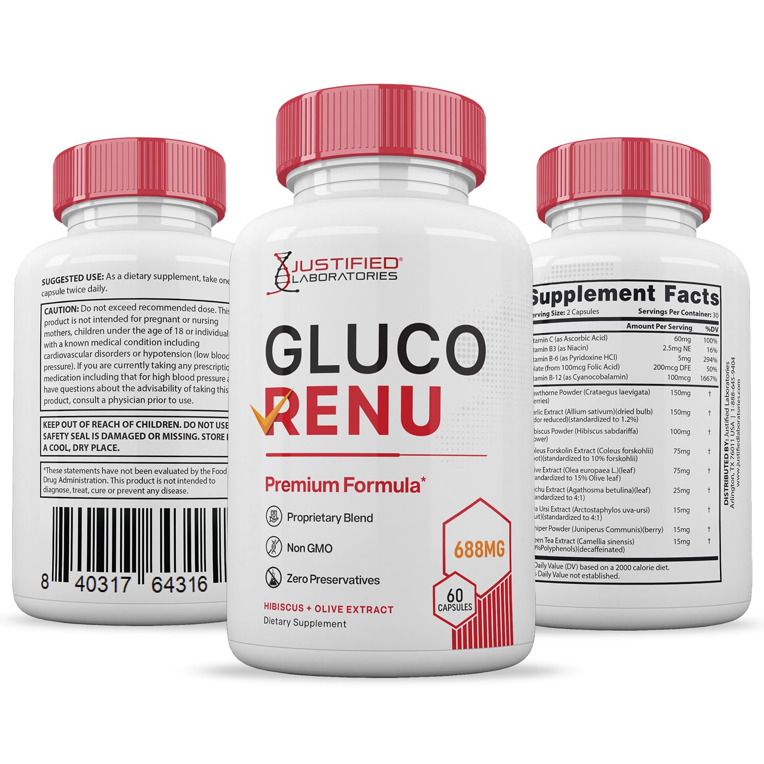Gluco Renu 688MG Glyco Support Pills Premium Formula Gluo Renew Glycogen Support Formulated Hawthrone Hibiscus Garlic Junpier Powder Olive Forskolin Green Tea Extract 60 Capsules - TrustMedUSA