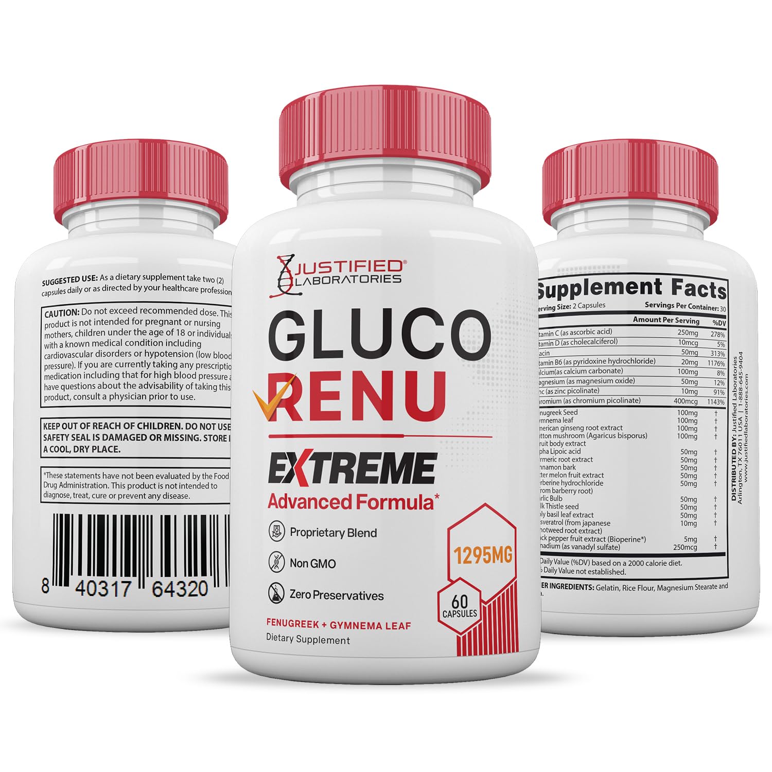 Gluco Renu Extreme 1295MG Glyco Support Pills Advacned Formula Gluo Renew Glycogen Support Formulated with Turmeric Berberine Resveratrol Garlic Bitter Melon Milk Thistle 60 Capsules - TrustMedUSA