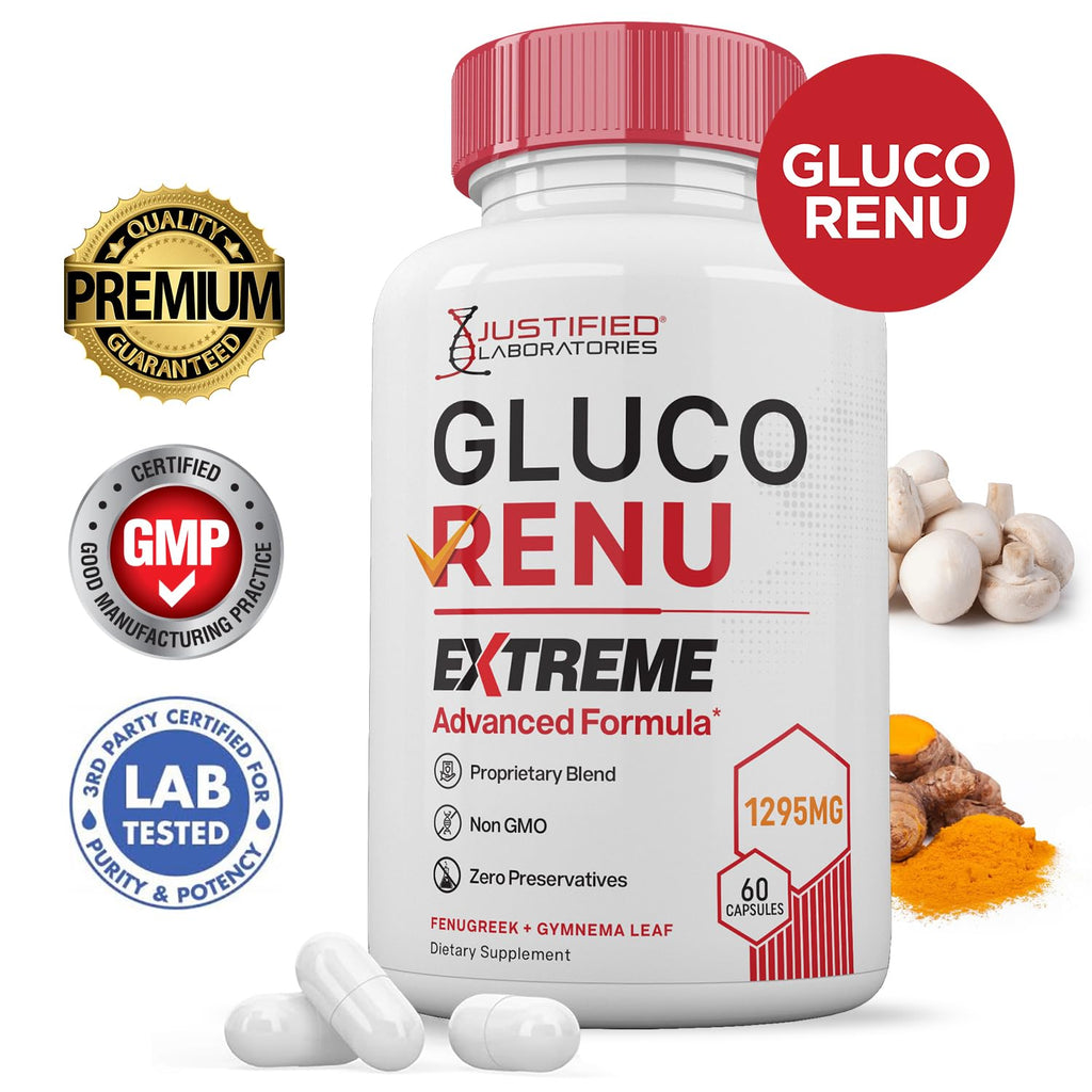 Gluco Renu Extreme 1295MG Glyco Support Pills Advacned Formula Gluo Renew Glycogen Support Formulated with Turmeric Berberine Resveratrol Garlic Bitter Melon Milk Thistle 60 Capsules - TrustMedUSA