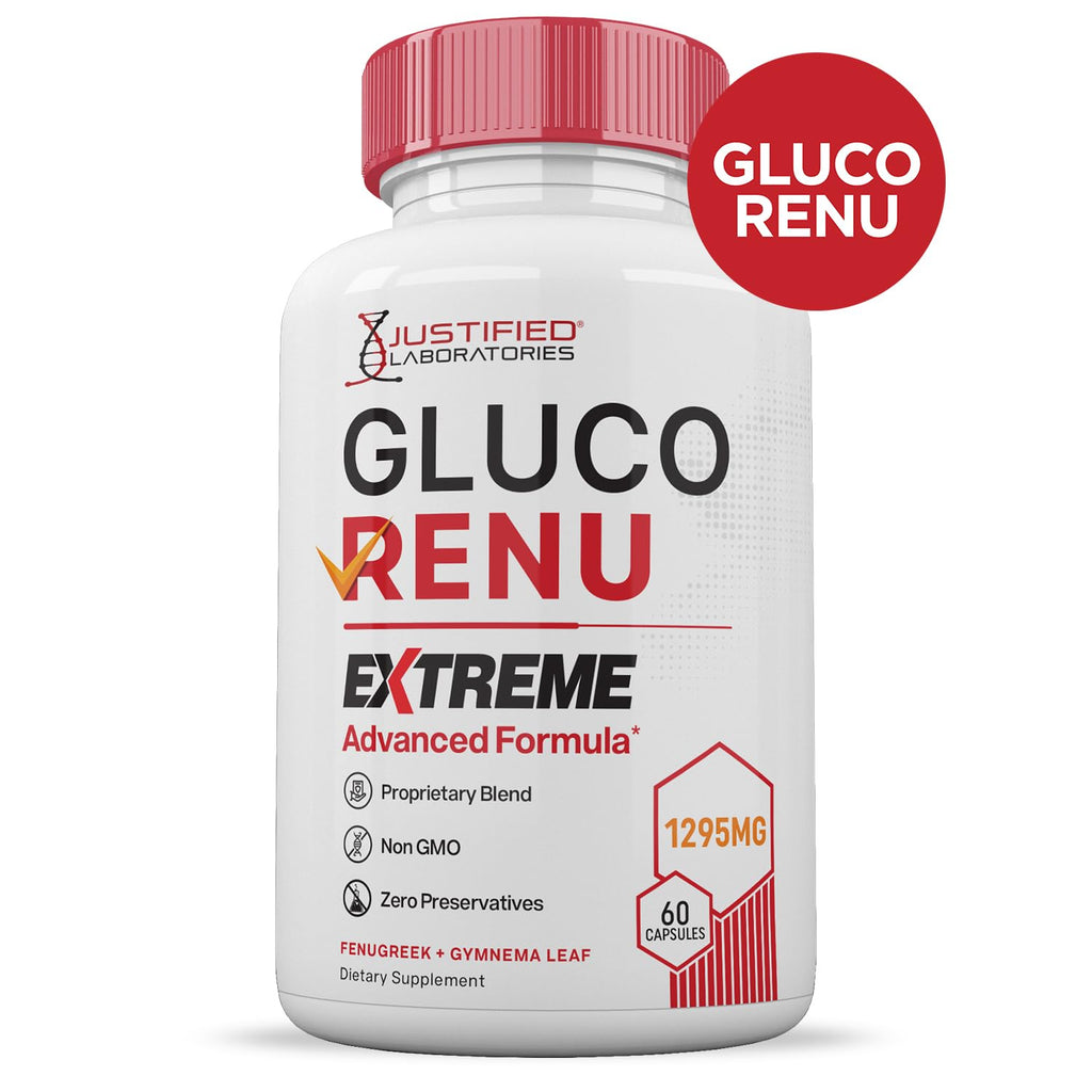Gluco Renu Extreme 1295MG Glyco Support Pills Advacned Formula Gluo Renew Glycogen Support Formulated with Turmeric Berberine Resveratrol Garlic Bitter Melon Milk Thistle 60 Capsules - TrustMedUSA