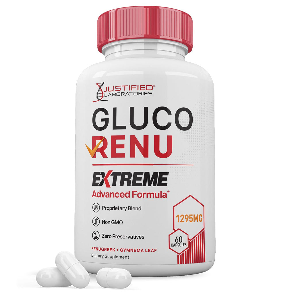 Gluco Renu Extreme 1295MG Glyco Support Pills Advacned Formula Gluo Renew Glycogen Support Formulated with Turmeric Berberine Resveratrol Garlic Bitter Melon Milk Thistle 60 Capsules - TrustMedUSA