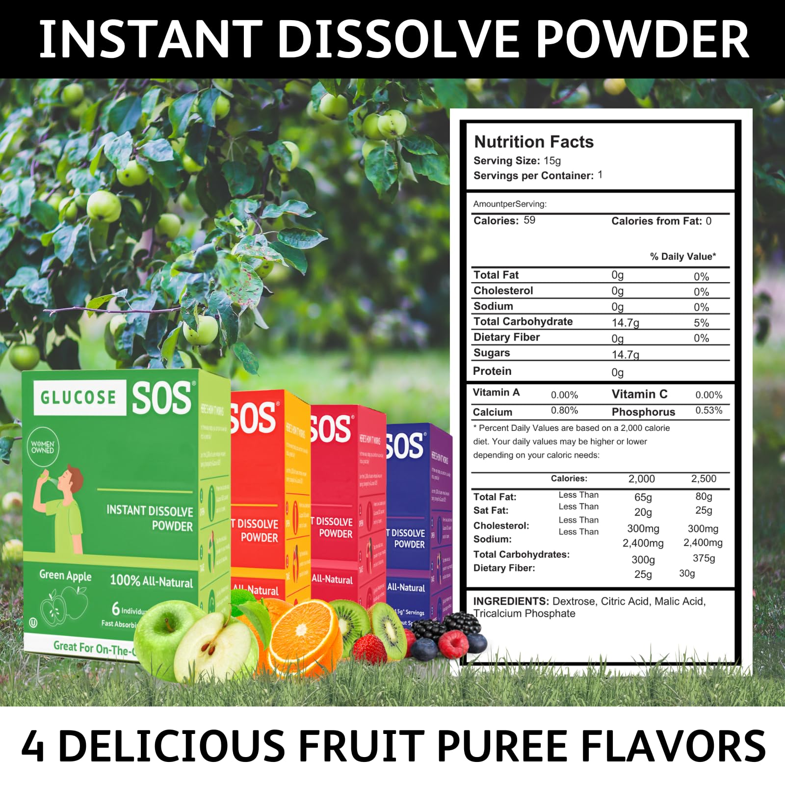 Glucose SOS Glucose Powder Packets with Natural Dextrose, Fast-Absorption That Instantly Dissolves in Your Mouth with No Water Needed, Sweet & Tangy 12 Servings - TrustMedUSA