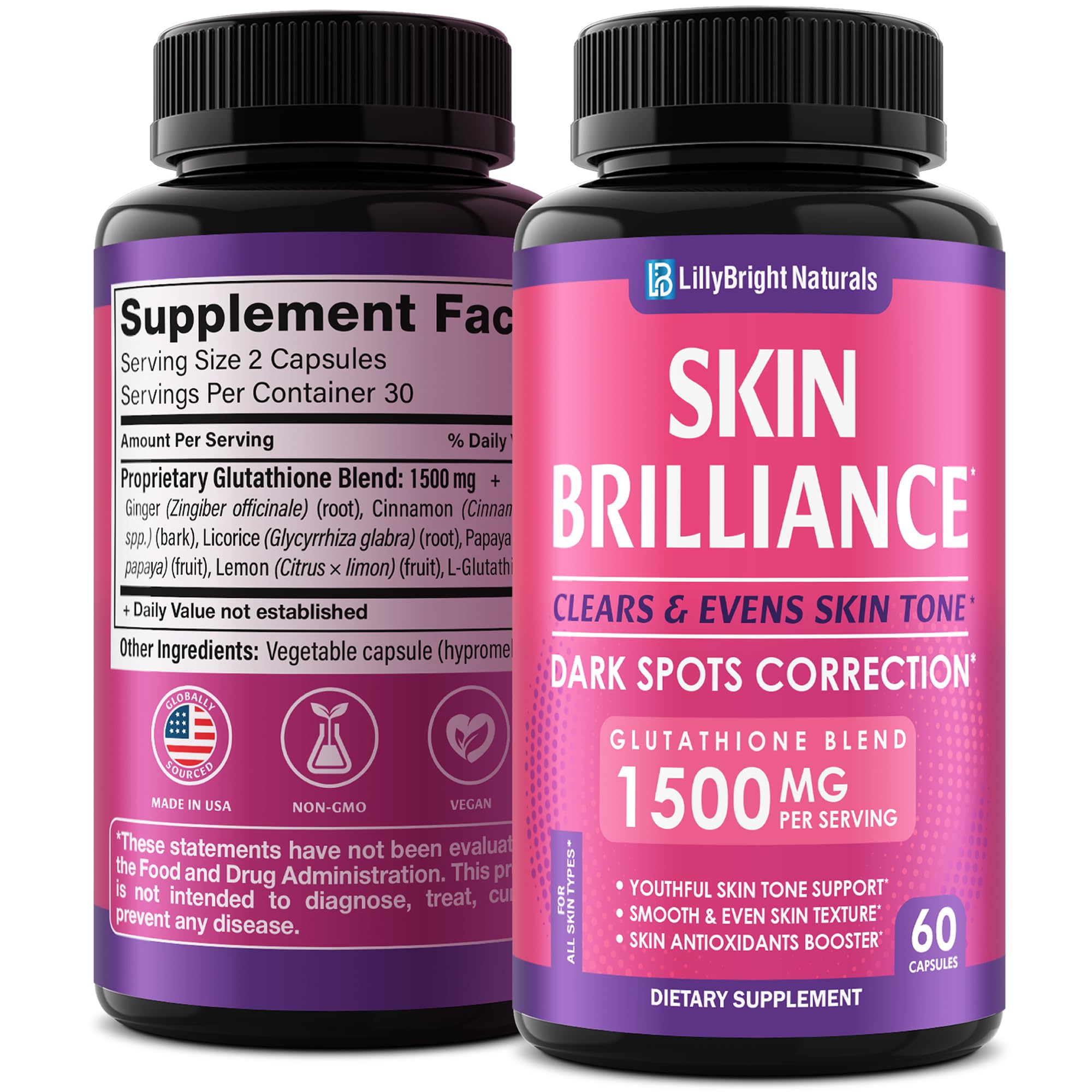 Glutathione Capsules - 1,500mcg L-Glutathione Supplement with Vitamin C - Skin Tone Enhancer - Targets Dark Spots & Acne Marks - Antioxidant Supplement for Beauty & Health Support - 60 Skin Pills - TrustMedUSA