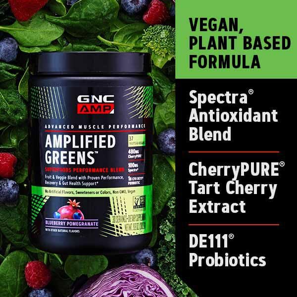 GNC AMP Amplified Greens Superfoods Performance Blend - Vegan Athlete Superfood Drink - Blueberry Pomegranate - 9.9 Oz (30 Servings) - TrustMedUSA