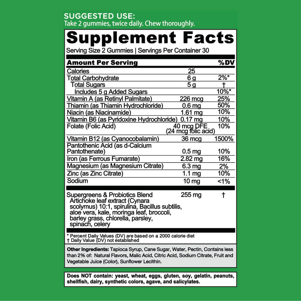 Goli Supergreens Gummies with Probiotics - Artichoke Leaf Extract, Spirulina, Kale, Vitamins A, B6, B12 - Vegan, Gluten-Free, Non-GMO - TrustMedUSA