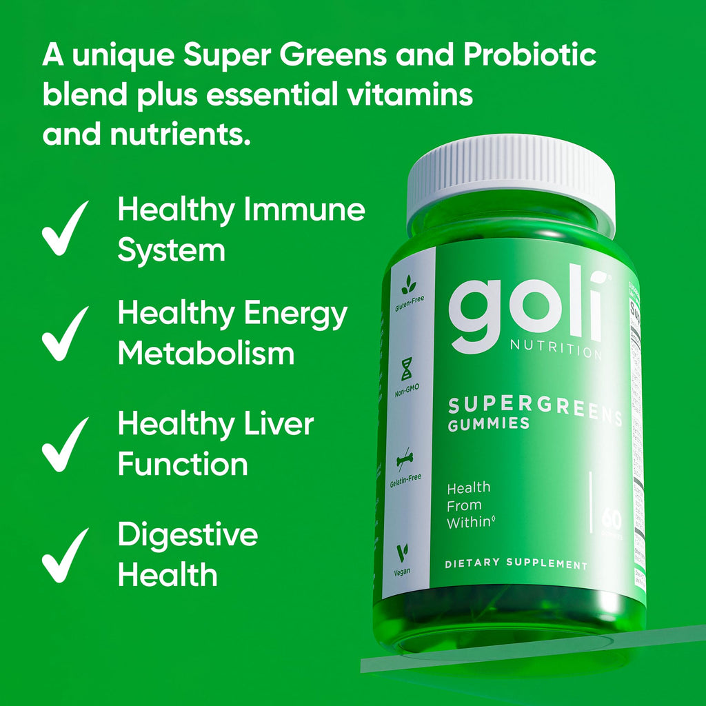 Goli Supergreens Gummies with Probiotics - Artichoke Leaf Extract, Spirulina, Kale, Vitamins A, B6, B12 - Vegan, Gluten-Free, Non-GMO - TrustMedUSA