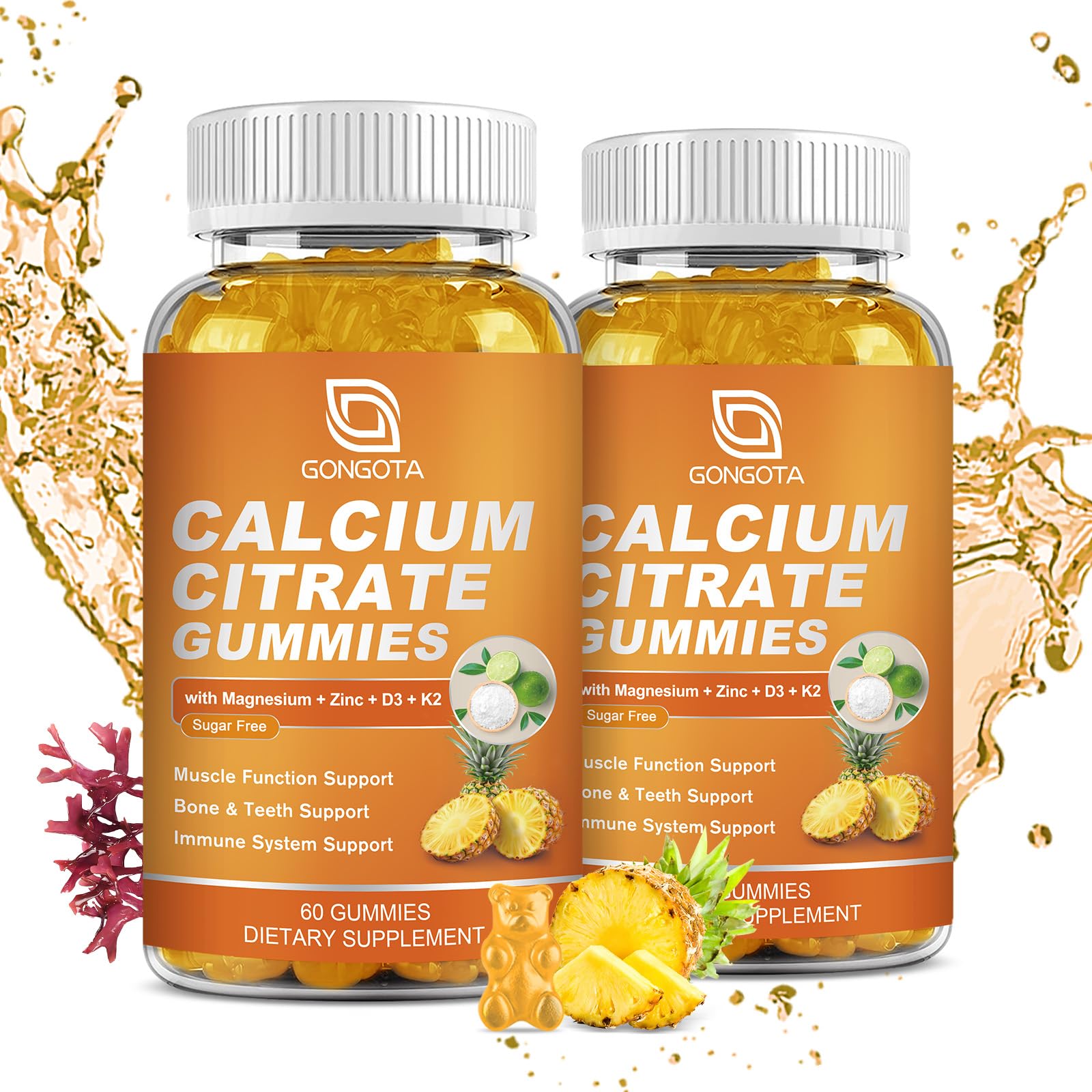 GONGOTA Calcium Citrate 1200mg with Vitamin D3 Gummies, Chewable Calcium for Bone, Muscle, Joints, Immune Support, Calcium Supplements for Women & Men,Sugar Free, Pineapple Flavor - 120 Gummies - TrustMedUSA