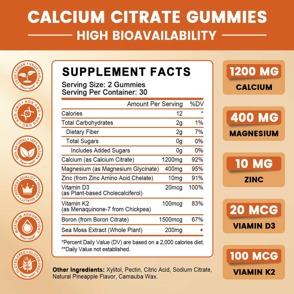 GONGOTA Calcium Citrate 1200mg with Vitamin D3 Gummies, Chewable Calcium for Bone, Muscle, Joints, Immune Support, Calcium Supplements for Women & Men,Sugar Free, Pineapple Flavor - 120 Gummies - TrustMedUSA