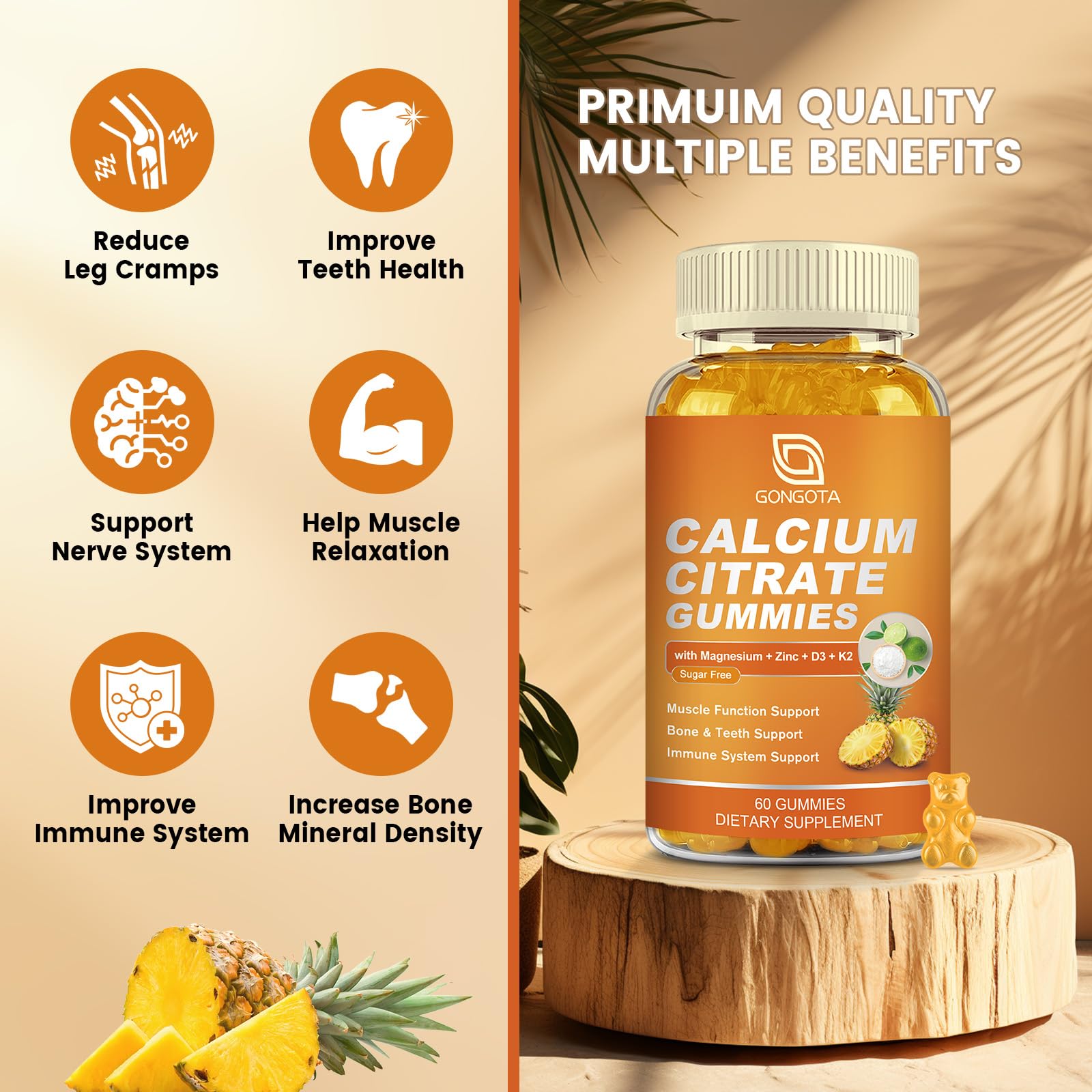 GONGOTA Calcium Citrate 1200mg with Vitamin D3 Gummies, Chewable Calcium for Bone, Muscle, Joints, Immune Support, Calcium Supplements for Women & Men,Sugar Free, Pineapple Flavor - 120 Gummies - TrustMedUSA