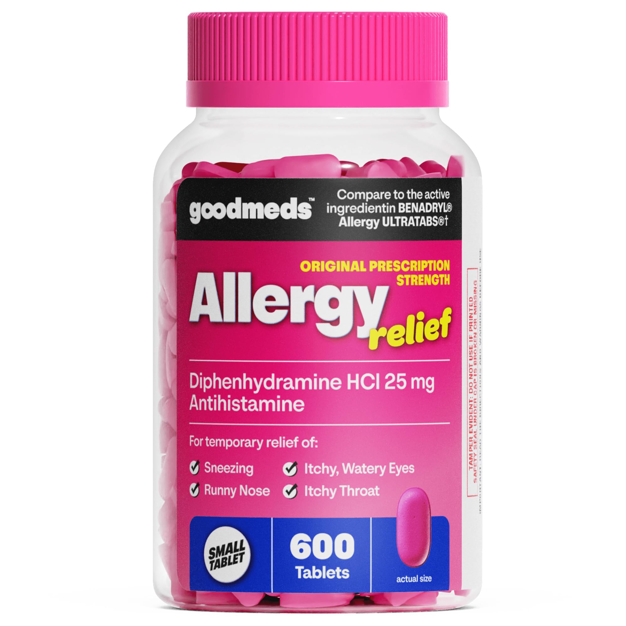 GoodMeds Allergy Medicine Antihistamine, Diphenhydramine HCl 25 mg | Children and Adults | Relieve Itchy Eyes, Runny Nose, Sneezing (25 mg, 600 Tablets) - Maple Wellness Supplements