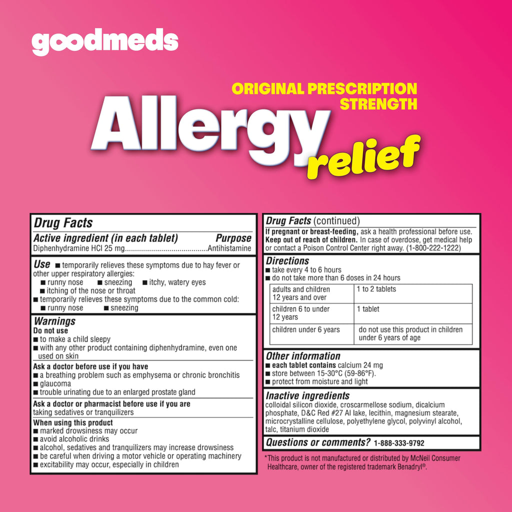 GoodMeds Allergy Medicine Antihistamine, Diphenhydramine HCl 25 mg | Children and Adults | Relieve Itchy Eyes, Runny Nose, Sneezing (25 mg, 600 Tablets) - Maple Wellness Supplements