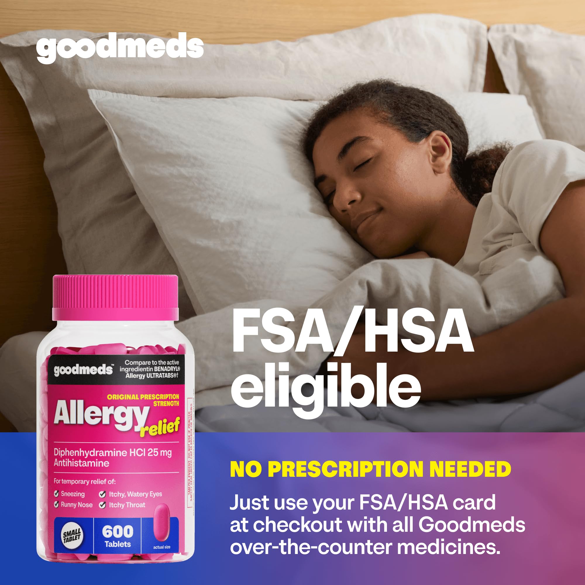 GoodMeds Allergy Medicine Antihistamine, Diphenhydramine HCl 25 mg | Children and Adults | Relieve Itchy Eyes, Runny Nose, Sneezing (25 mg, 600 Tablets) - Maple Wellness Supplements