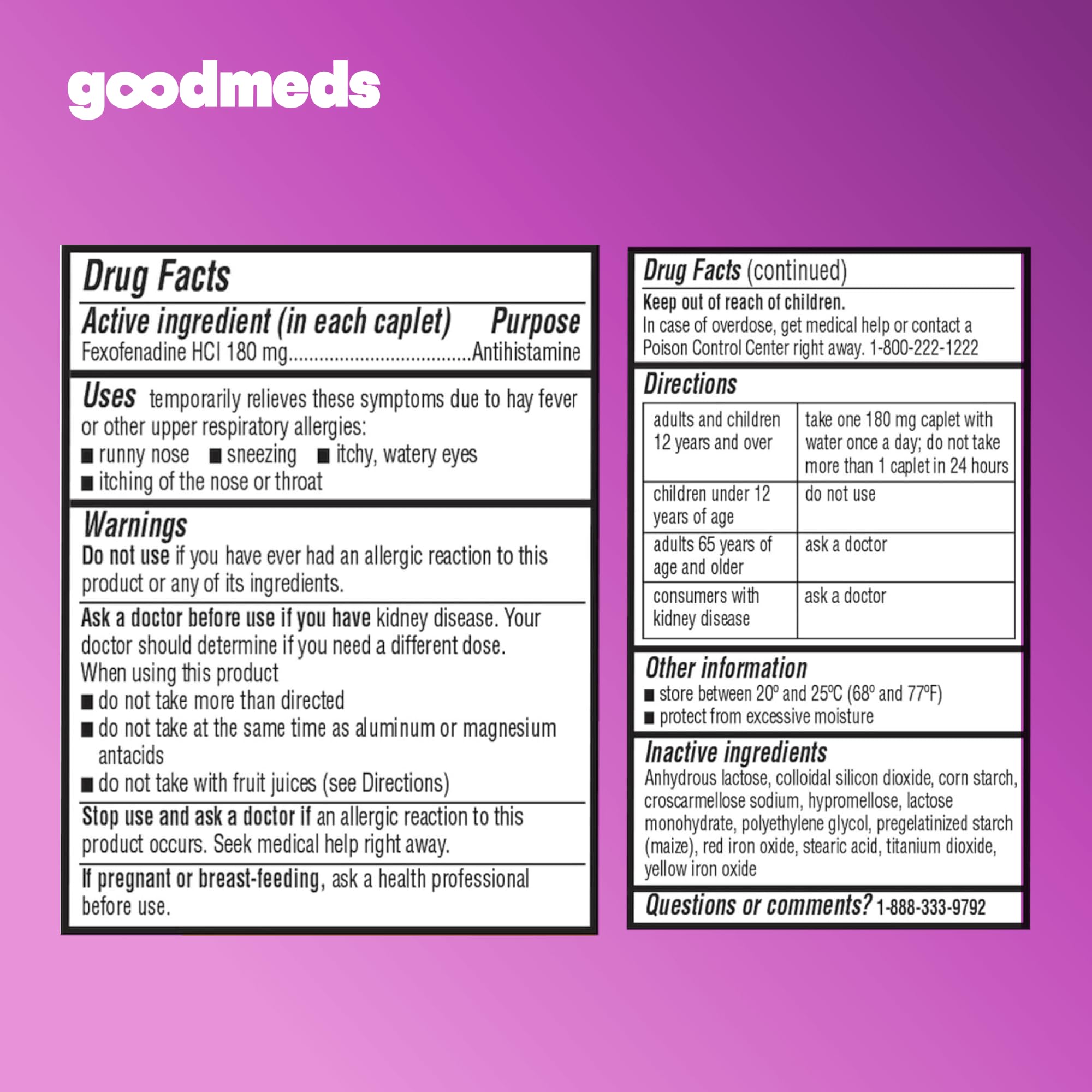 GoodMeds Compare to Allegra | Fexofenadine HCl 180mg | 24-Hour Allergy Relief, Non-Drowsy Antihistamine Generic Medicine for Allergies, Hay Fever, Itchy Eyes | for Kids & Adults (120 Count) - Maple Wellness Supplements