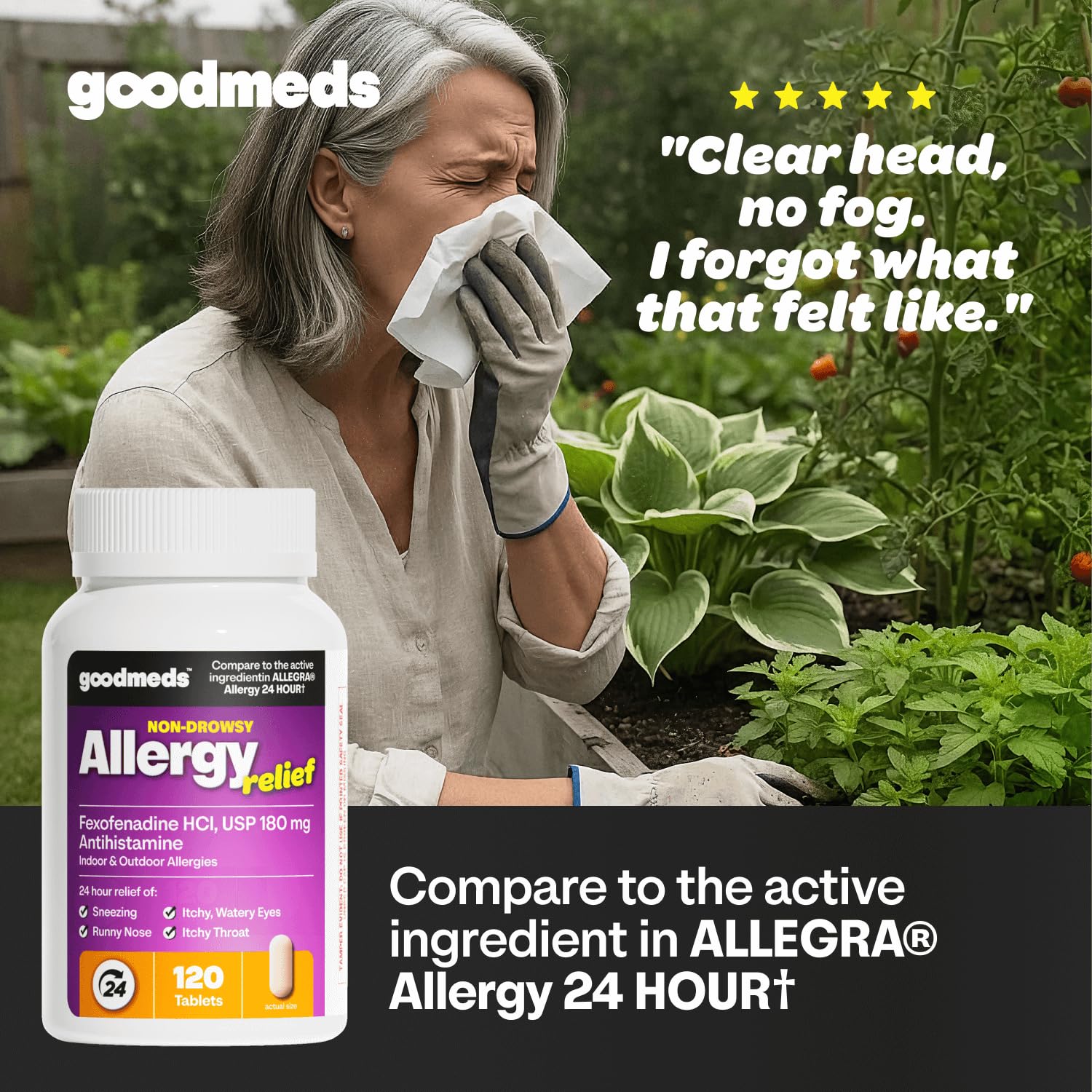 GoodMeds Compare to Allegra | Fexofenadine HCl 180mg | 24-Hour Allergy Relief, Non-Drowsy Antihistamine Generic Medicine for Allergies, Hay Fever, Itchy Eyes | for Kids & Adults (120 Count) - Maple Wellness Supplements
