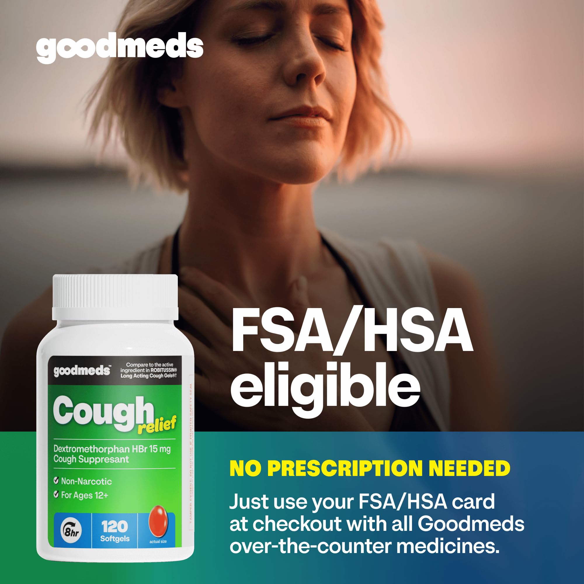GoodMeds Cough Relief for Adults Softgels Dextromethorphan HBr (DXM) 15mg 8Hour, Non-Drowsy, Long-Lasting Bronchial Suppressant for Dry Cough and Chest Congestion (120 Count) - Maple Wellness Supplements