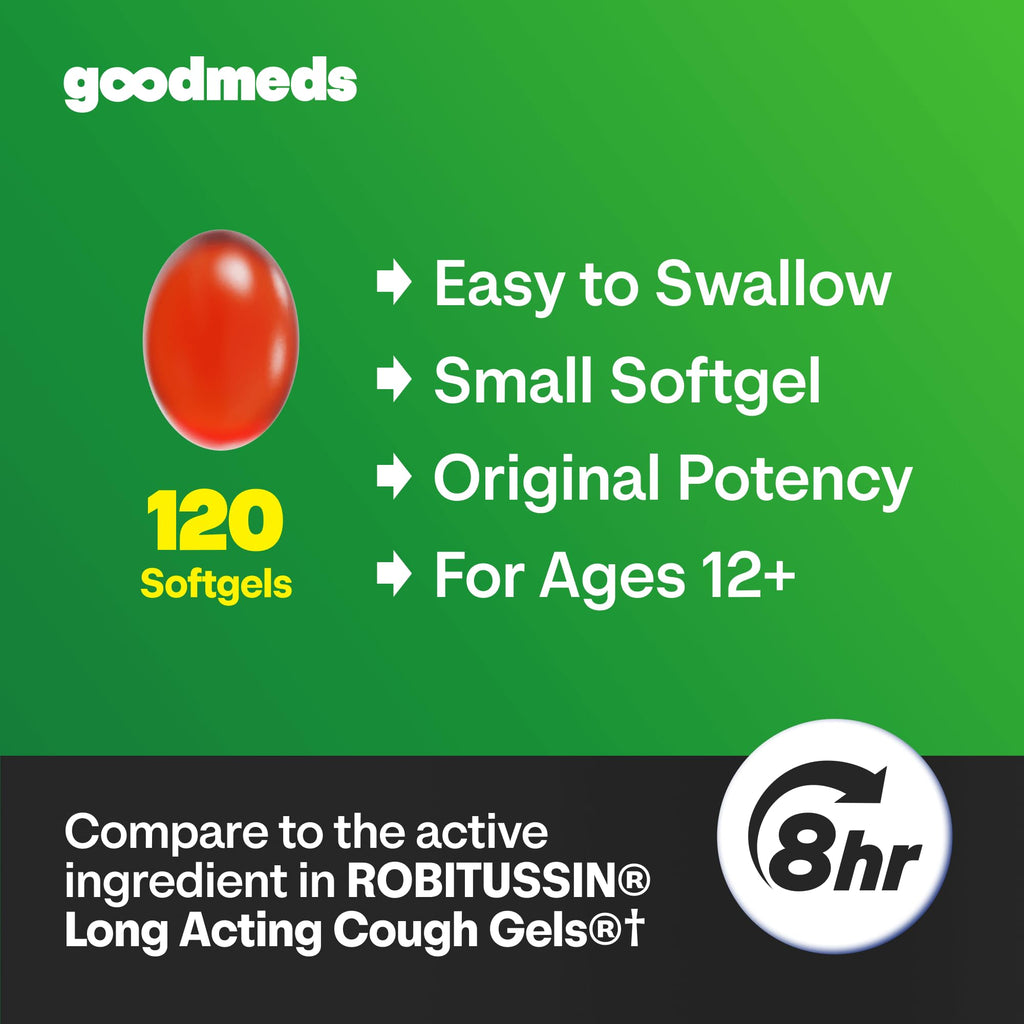 GoodMeds Cough Relief for Adults Softgels Dextromethorphan HBr (DXM) 15mg 8Hour, Non-Drowsy, Long-Lasting Bronchial Suppressant for Dry Cough and Chest Congestion (120 Count) - Maple Wellness Supplements