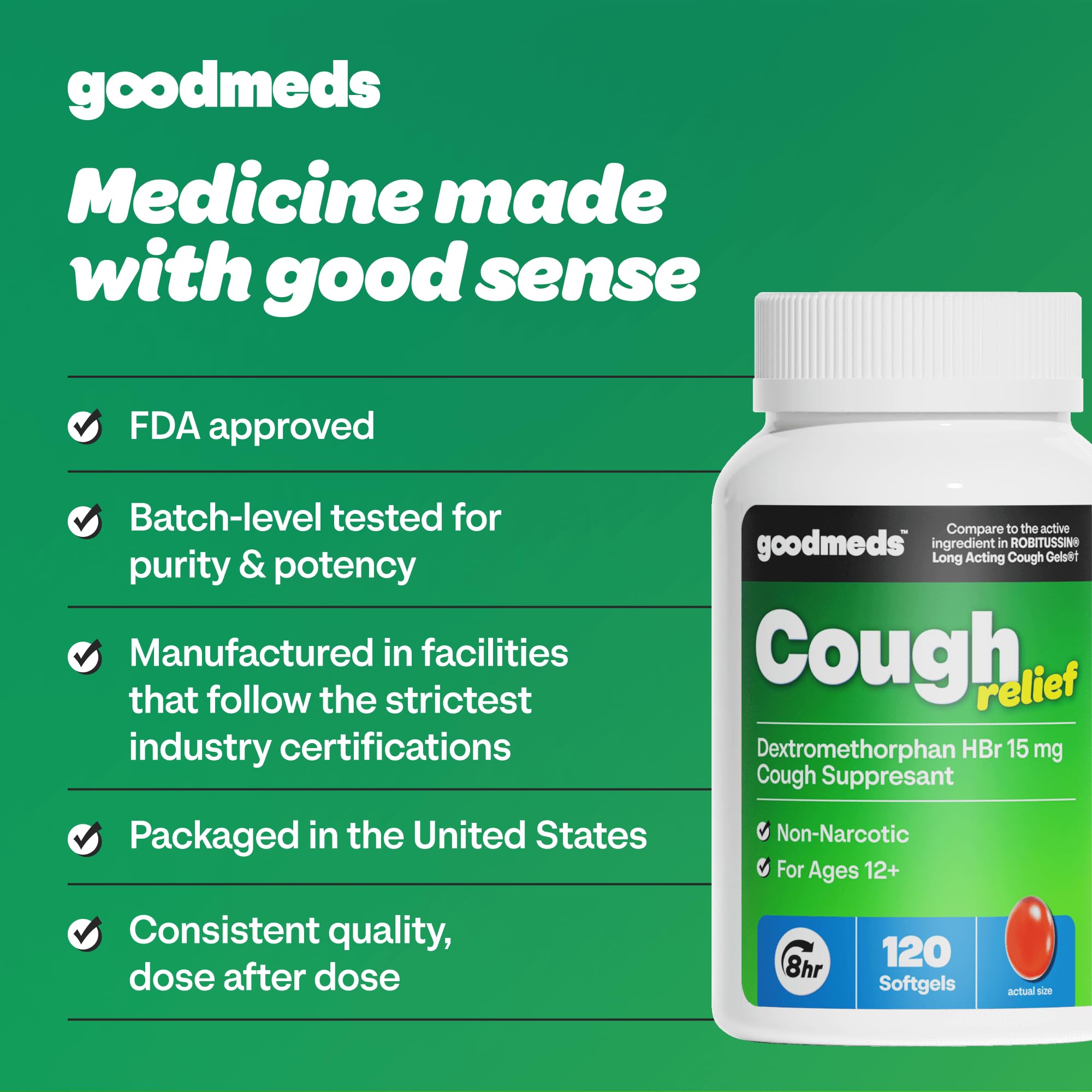 GoodMeds Cough Relief for Adults Softgels Dextromethorphan HBr (DXM) 15mg 8Hour, Non-Drowsy, Long-Lasting Bronchial Suppressant for Dry Cough and Chest Congestion (120 Count) - Maple Wellness Supplements