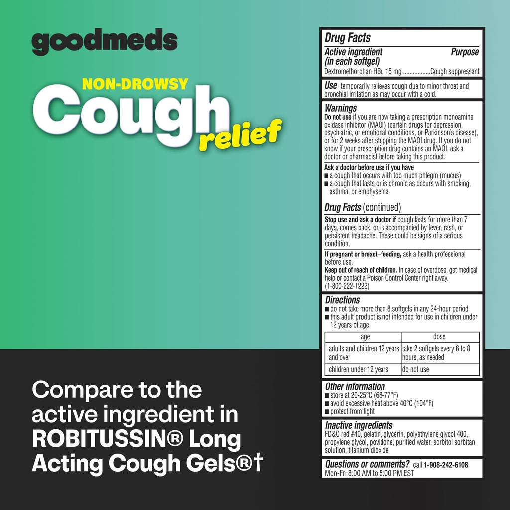 GoodMeds Cough Relief for Adults Softgels Dextromethorphan HBr (DXM) 15mg 8Hour, Non-Drowsy, Long-Lasting Bronchial Suppressant for Dry Cough and Chest Congestion (120 Count) - Maple Wellness Supplements