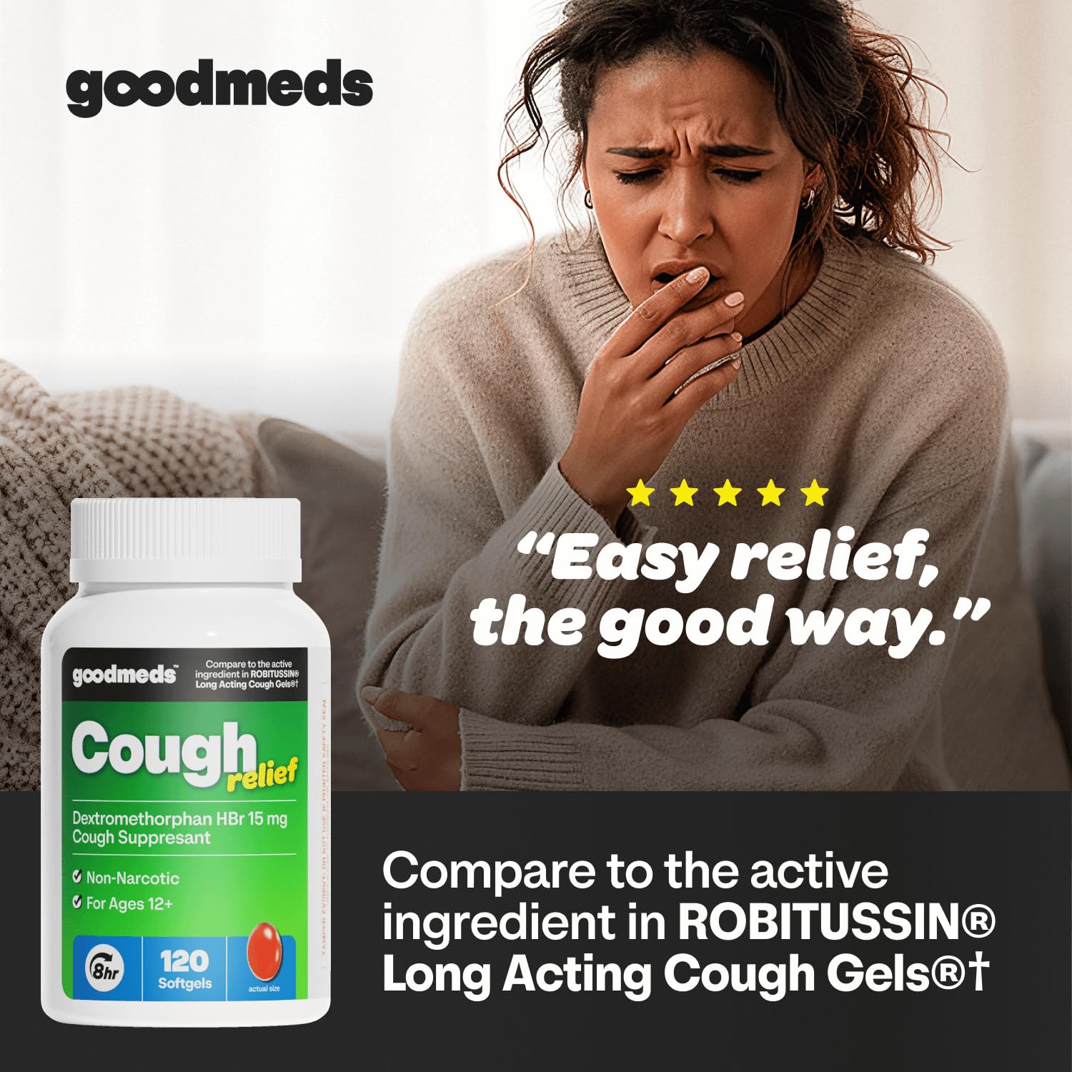 GoodMeds Cough Relief for Adults Softgels Dextromethorphan HBr (DXM) 15mg 8Hour, Non-Drowsy, Long-Lasting Bronchial Suppressant for Dry Cough and Chest Congestion (120 Count) - Maple Wellness Supplements