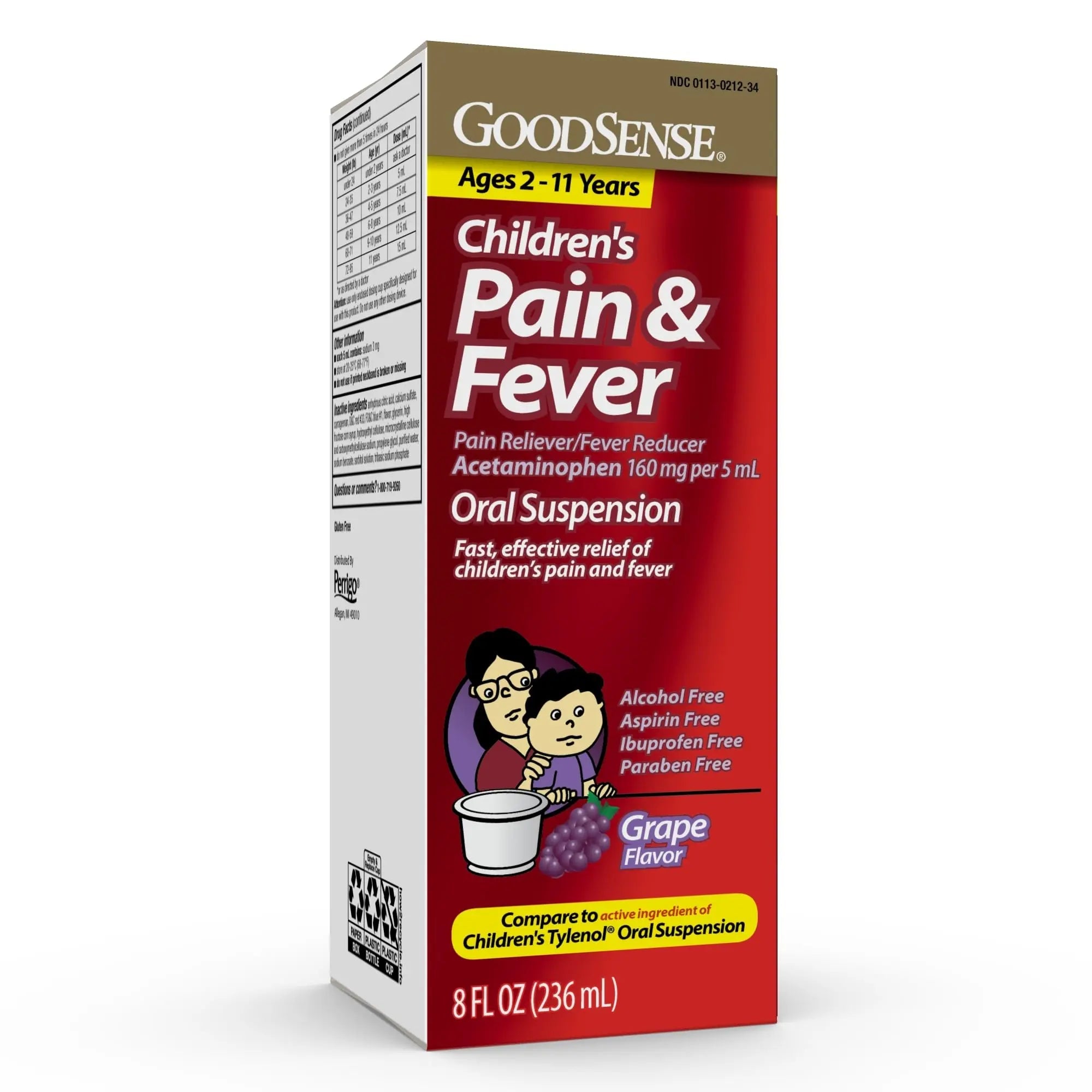 GoodSense Children's Pain and Fever, Acetaminophen 160 mg per 5 mL Oral Suspension, Grape Flavor, 8 FL OZ - TrustMedUSA