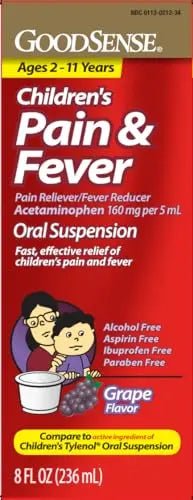 GoodSense Children's Pain and Fever, Acetaminophen 160 mg per 5 mL Oral Suspension, Grape Flavor, 8 FL OZ - TrustMedUSA