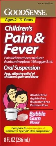 GoodSense Children's Pain and Fever Oral Suspension Liquid, Acetaminophen 160 mg per 5 mL, Bubble Gum Flavor - TrustMedUSA