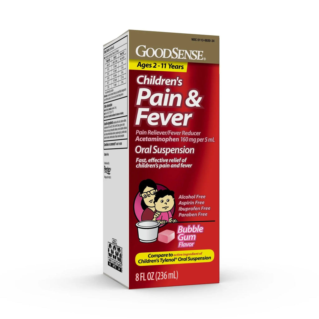 GoodSense Children's Pain and Fever Oral Suspension Liquid, Acetaminophen 160 mg per 5 mL, Bubble Gum Flavor - TrustMedUSA