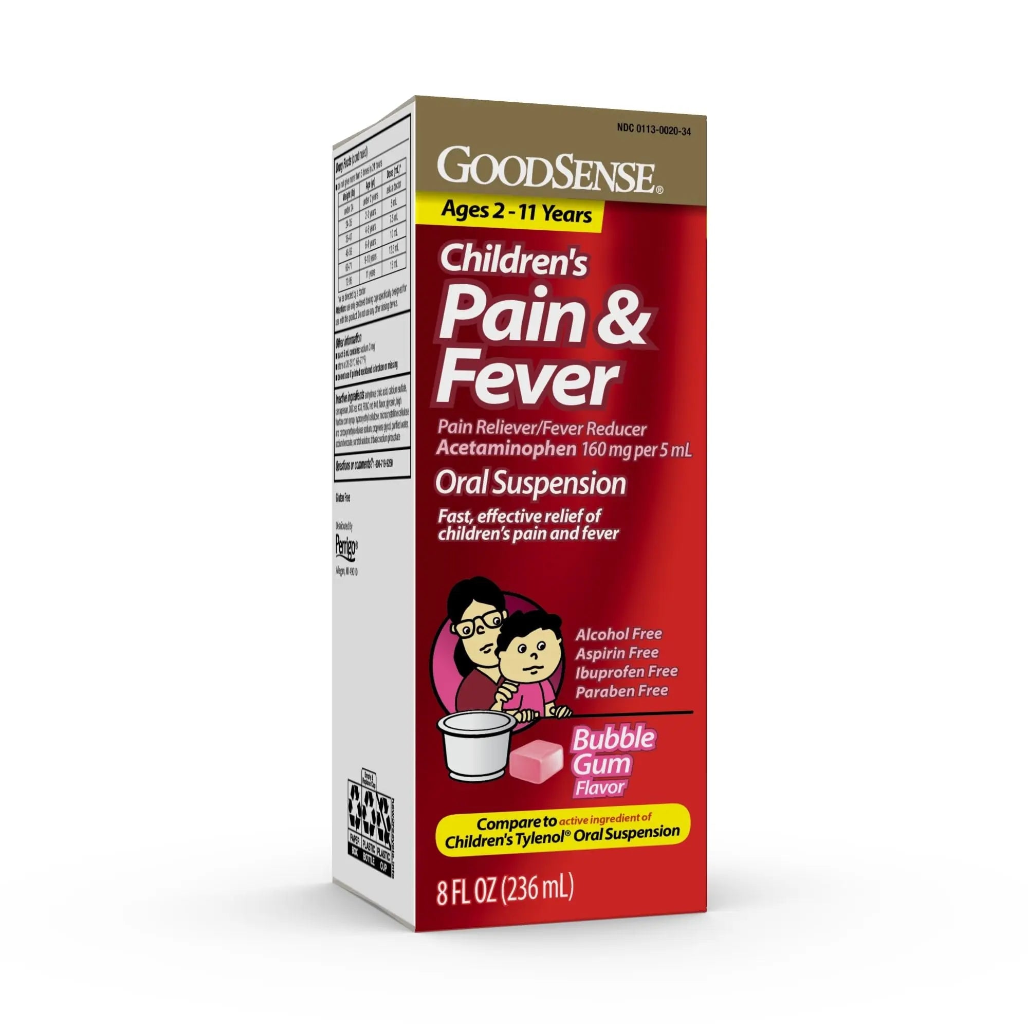GoodSense Children's Pain and Fever Oral Suspension Liquid, Acetaminophen 160 mg per 5 mL, Bubble Gum Flavor - TrustMedUSA