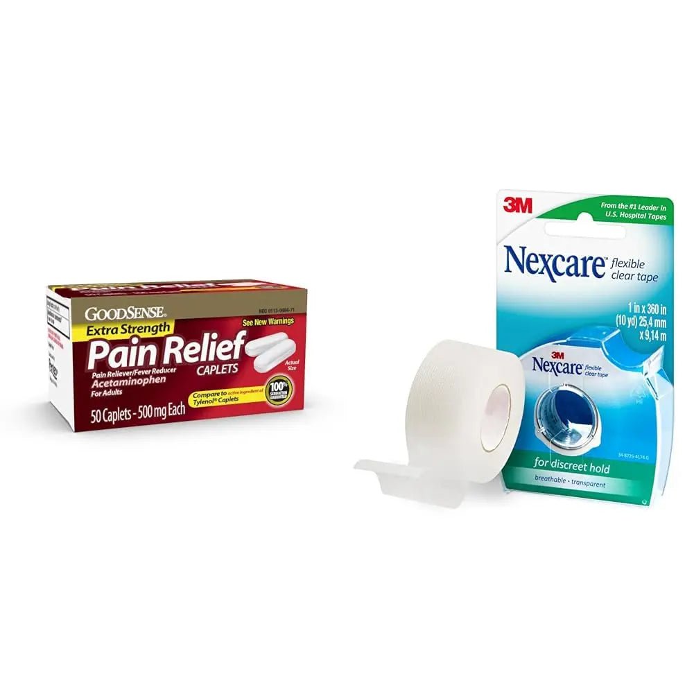 GoodSense Extra Strength 500mg Acetaminophen Caplets 50 Count & Nexcare Flexible Clear 1 Inch x 10 Yard Waterproof Transparent Tape 1 Roll - TrustMedUSA