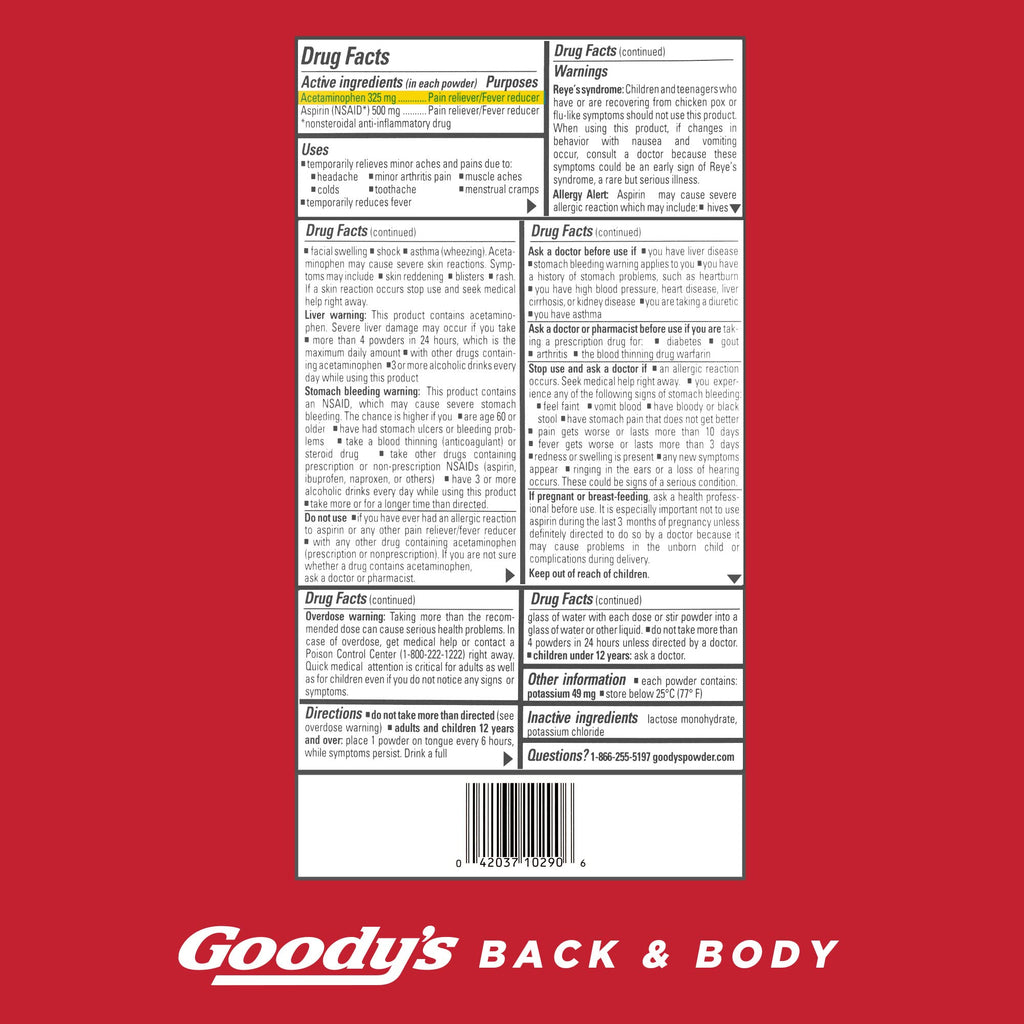 Goody's Body Ache & Back Pain Relief Powder, Dual Action with Acetaminophen & Aspirin, Caffeine-Free, 6 Count, Pack of 12 - TrustMedUSA