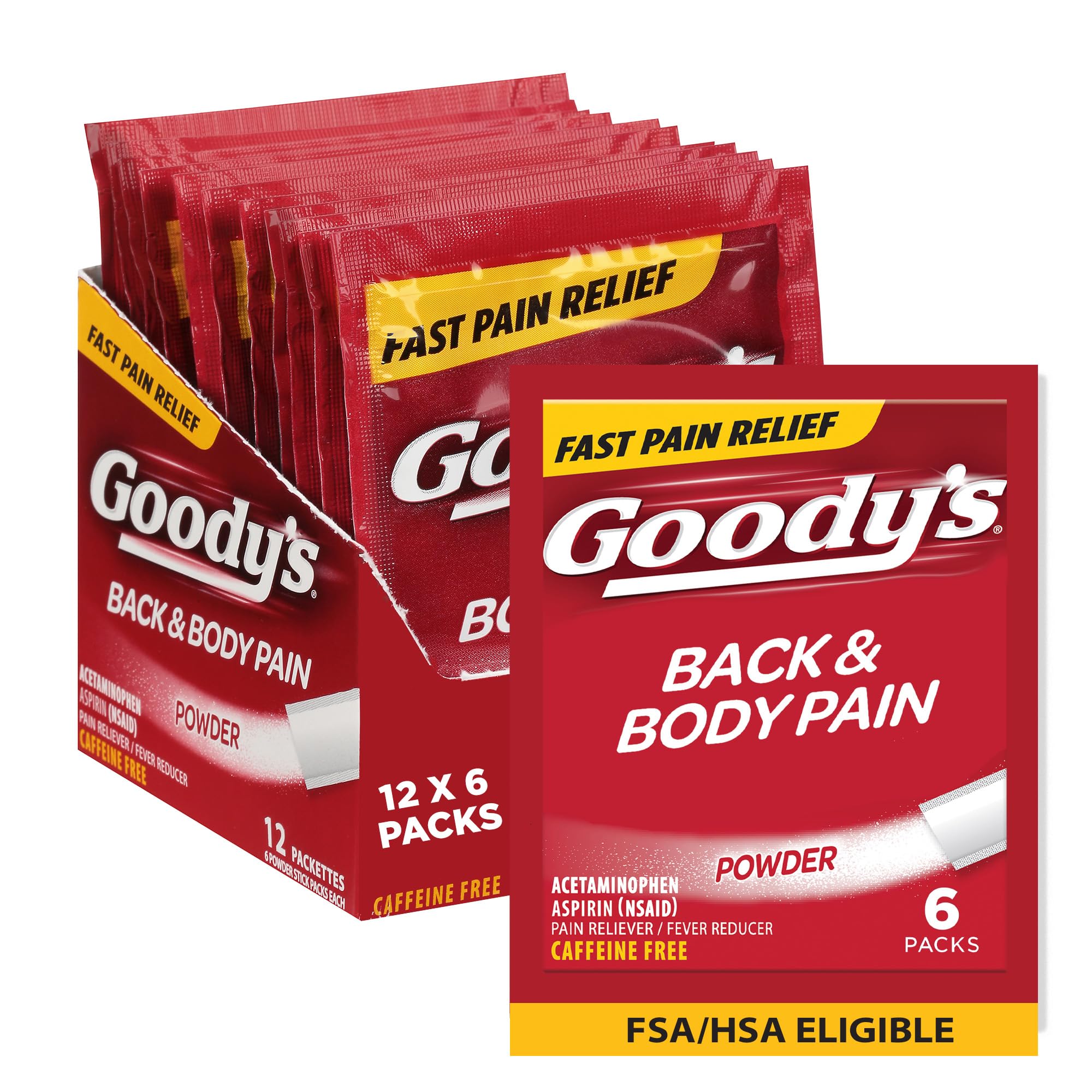 Goody's Body Ache & Back Pain Relief Powder, Dual Action with Acetaminophen & Aspirin, Caffeine-Free, 6 Count, Pack of 12 - TrustMedUSA