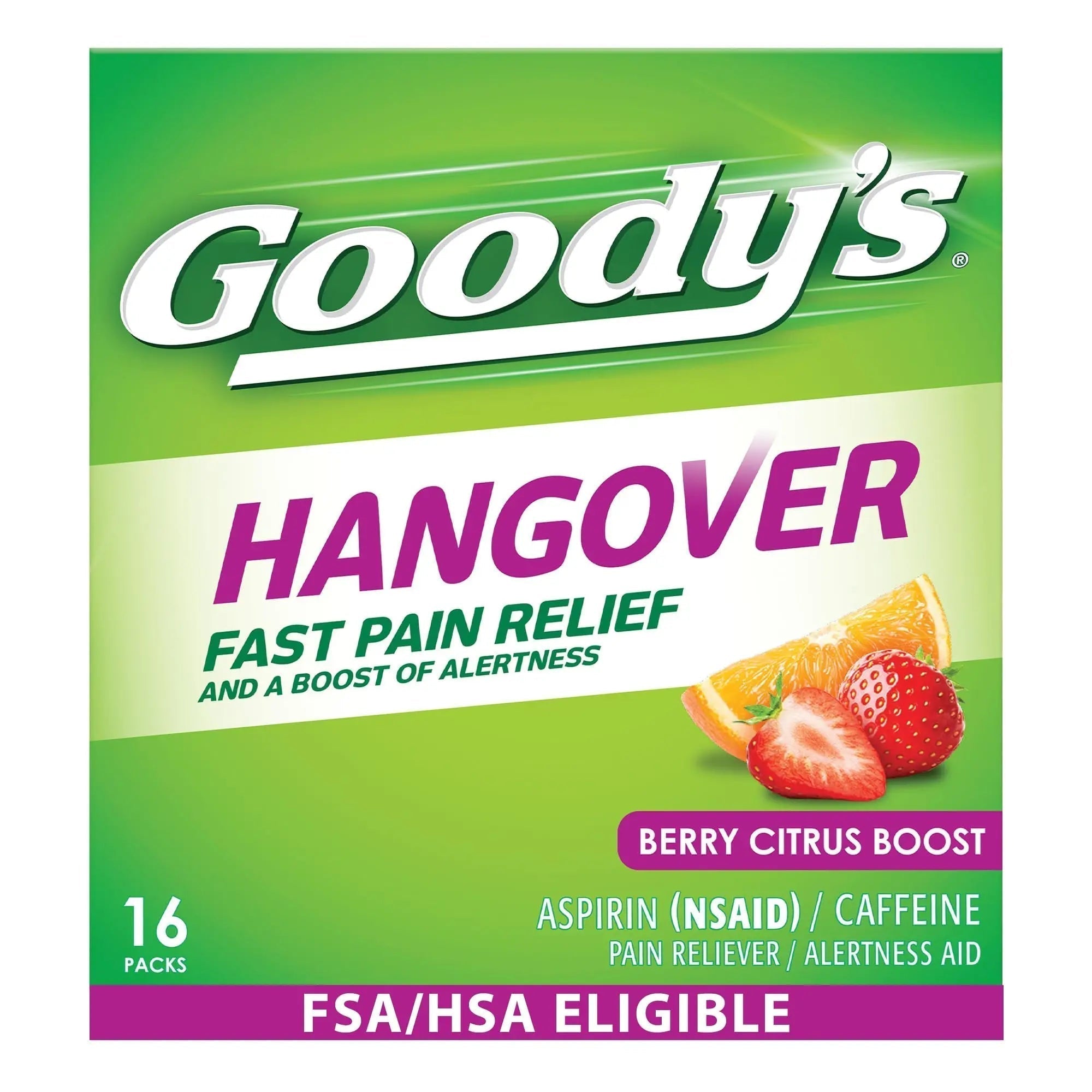 Goody's Hangover Relief Powder, Dual Action Fast Headache Pain Relief with Aspirin and Caffeine, Berry Citrus Flavor, 16 Count - TrustMedUSA
