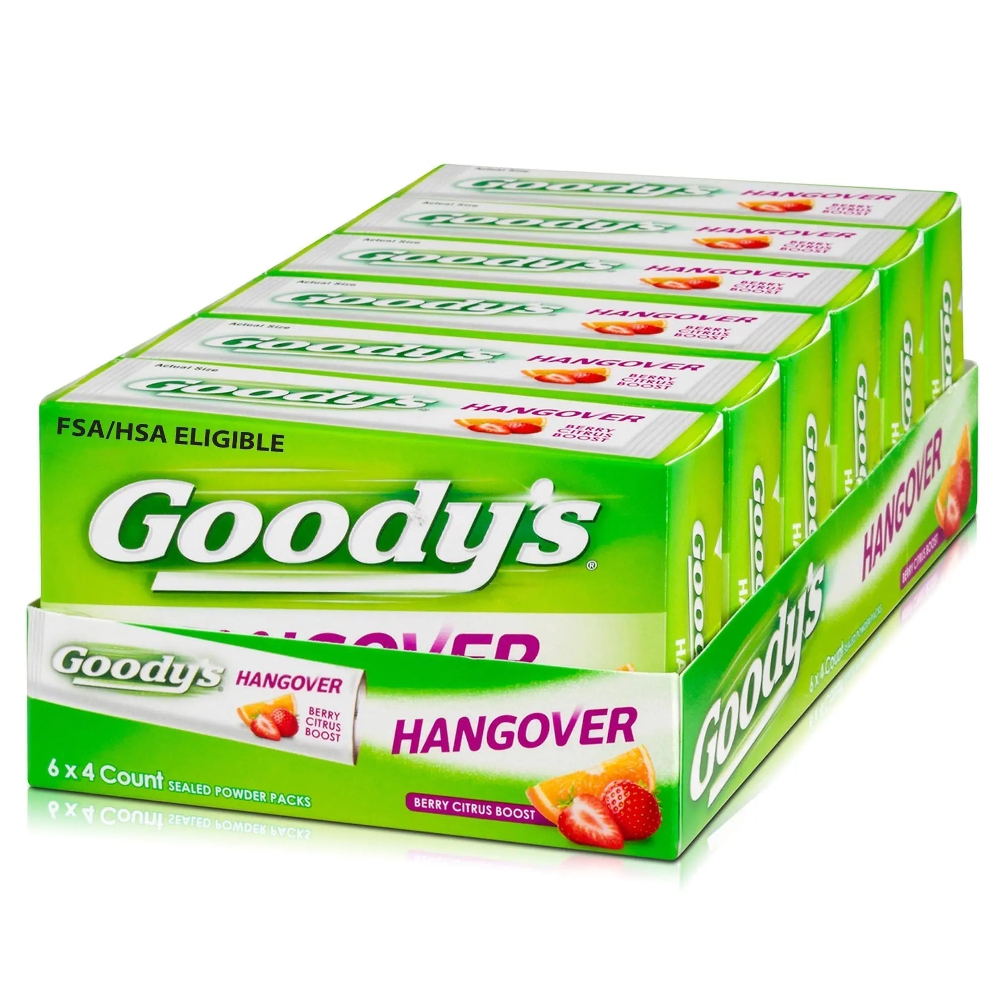 Goody's Hangover Relief Powder, Dual Action Fast Headache Pain Relief with Aspirin and Caffeine, Berry Citrus Flavor, 4 Powder Sticks, 6 Pack - TrustMedUSA