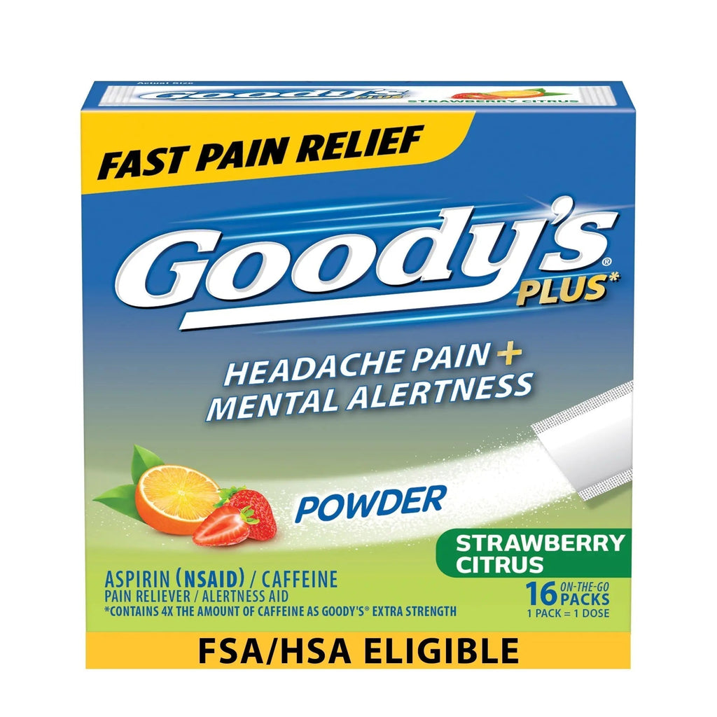 Goody’s Headache Relief Plus Mental Alertness Powder, with Aspirin and Caffeine, Strawberry Citrus Flavor, 16 Count - TrustMedUSA