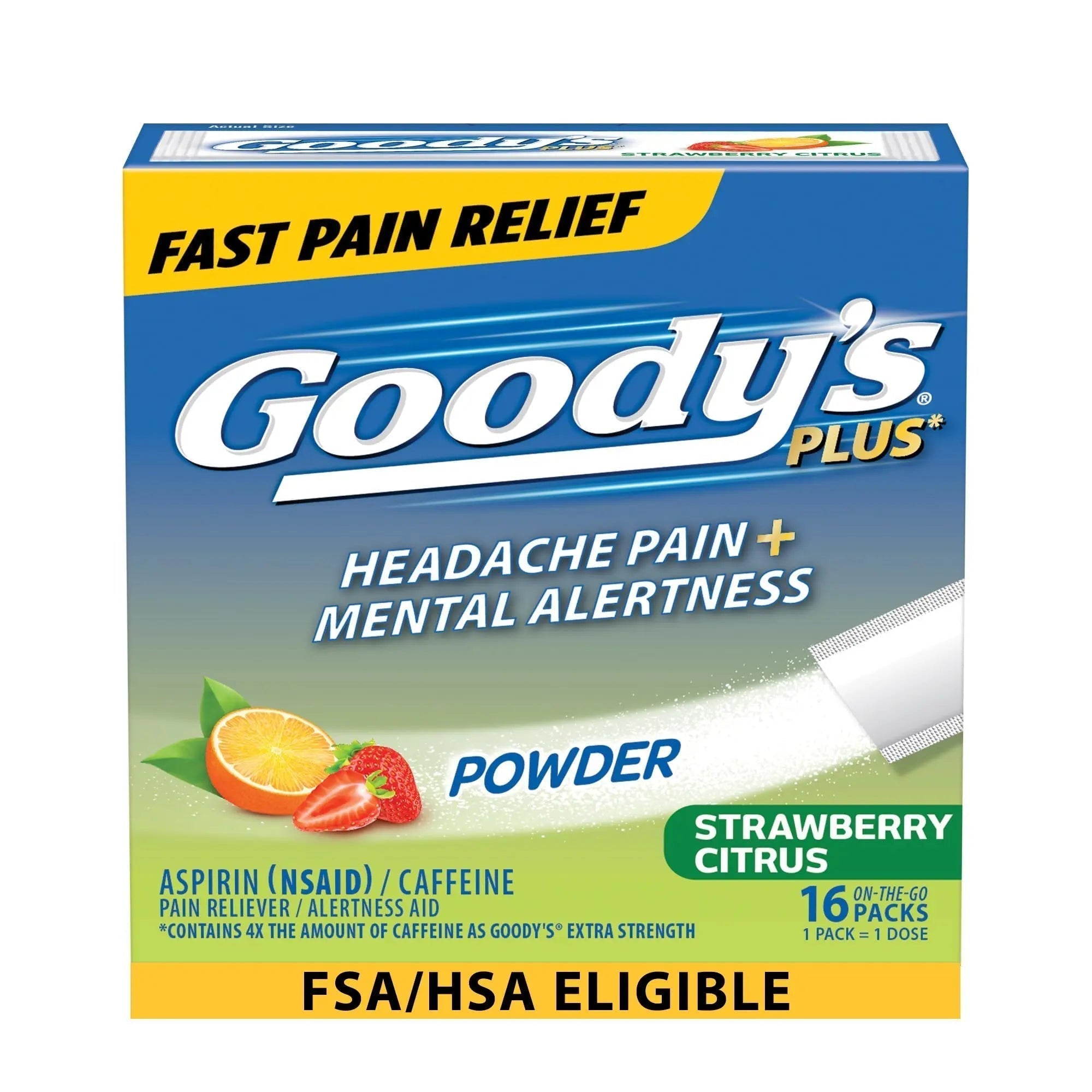 Goody’s Headache Relief Plus Mental Alertness Powder, with Aspirin and Caffeine, Strawberry Citrus Flavor, 16 Count - TrustMedUSA
