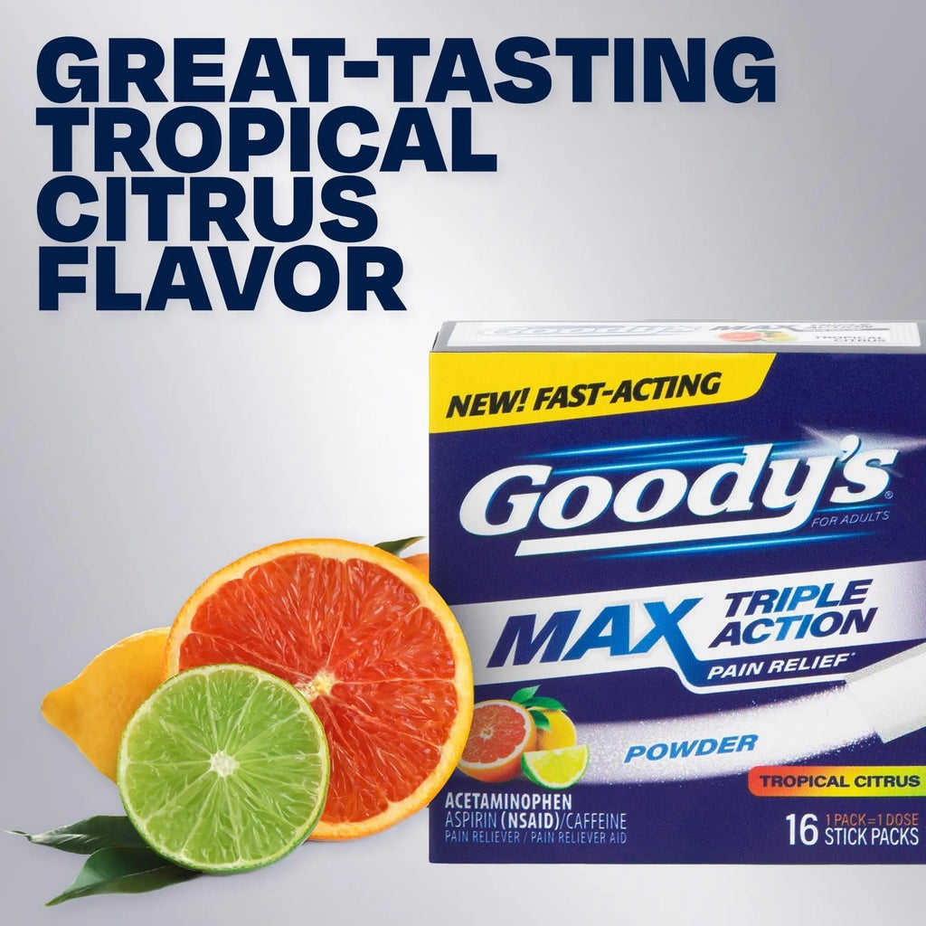 Goody’s Max Triple Action Pain Relief – Headache Relief Powder with Acetaminophen, Aspirin & Caffeine for Fast, Effective Relief of Tough Headaches, Tropical Citrus, 16 Count - TrustMedUSA