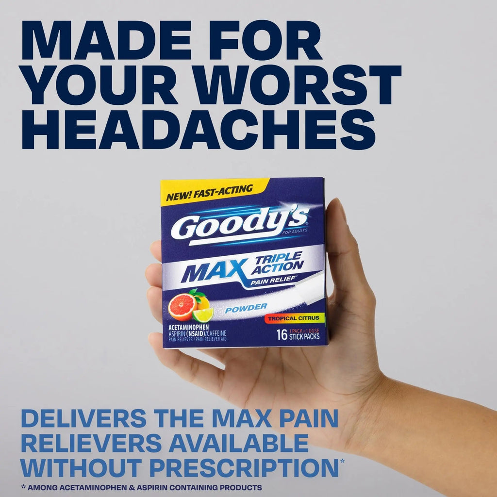Goody’s Max Triple Action Pain Relief – Headache Relief Powder with Acetaminophen, Aspirin & Caffeine for Fast, Effective Relief of Tough Headaches, Tropical Citrus, 16 Count - TrustMedUSA