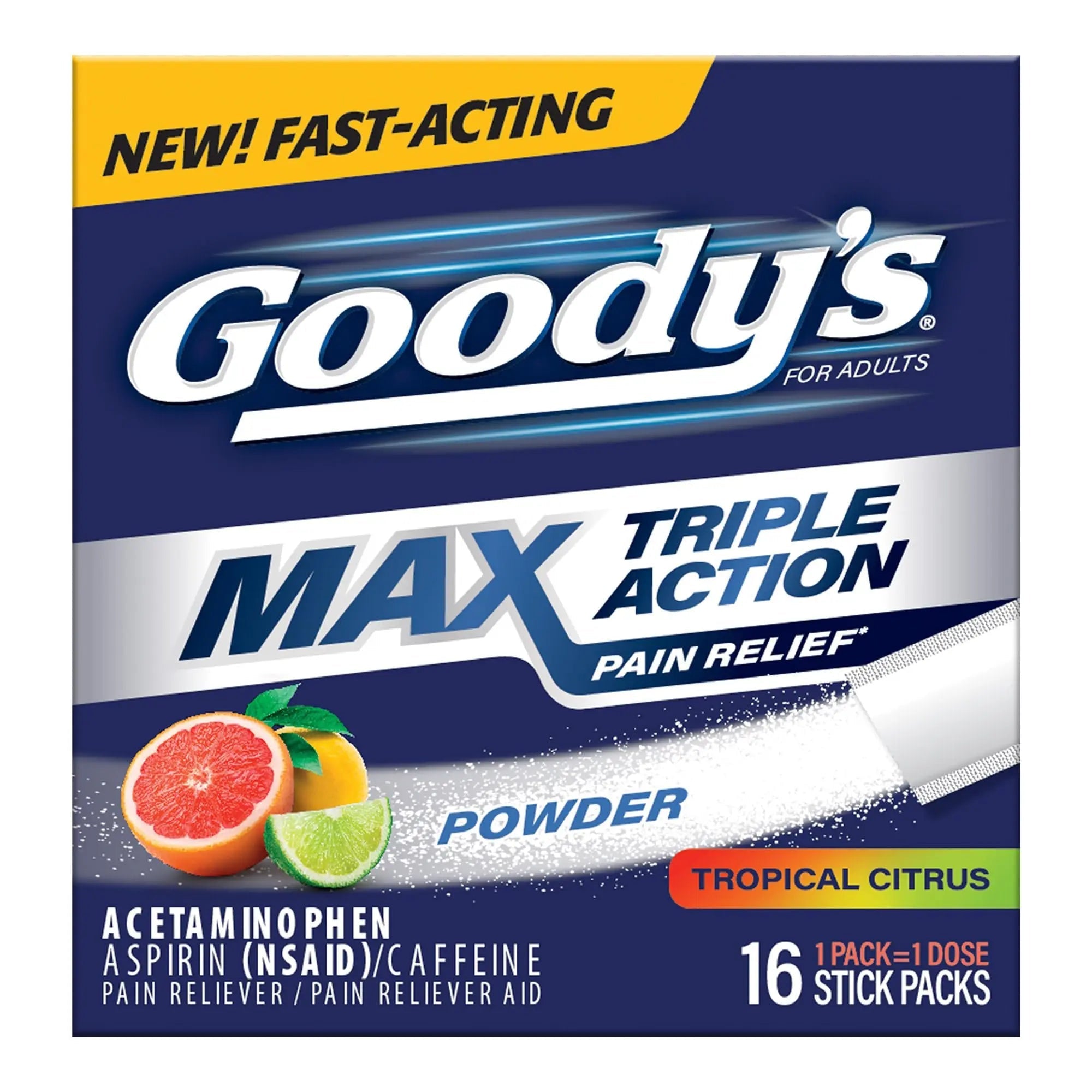 Goody’s Max Triple Action Pain Relief – Headache Relief Powder with Acetaminophen, Aspirin & Caffeine for Fast, Effective Relief of Tough Headaches, Tropical Citrus, 16 Count - TrustMedUSA