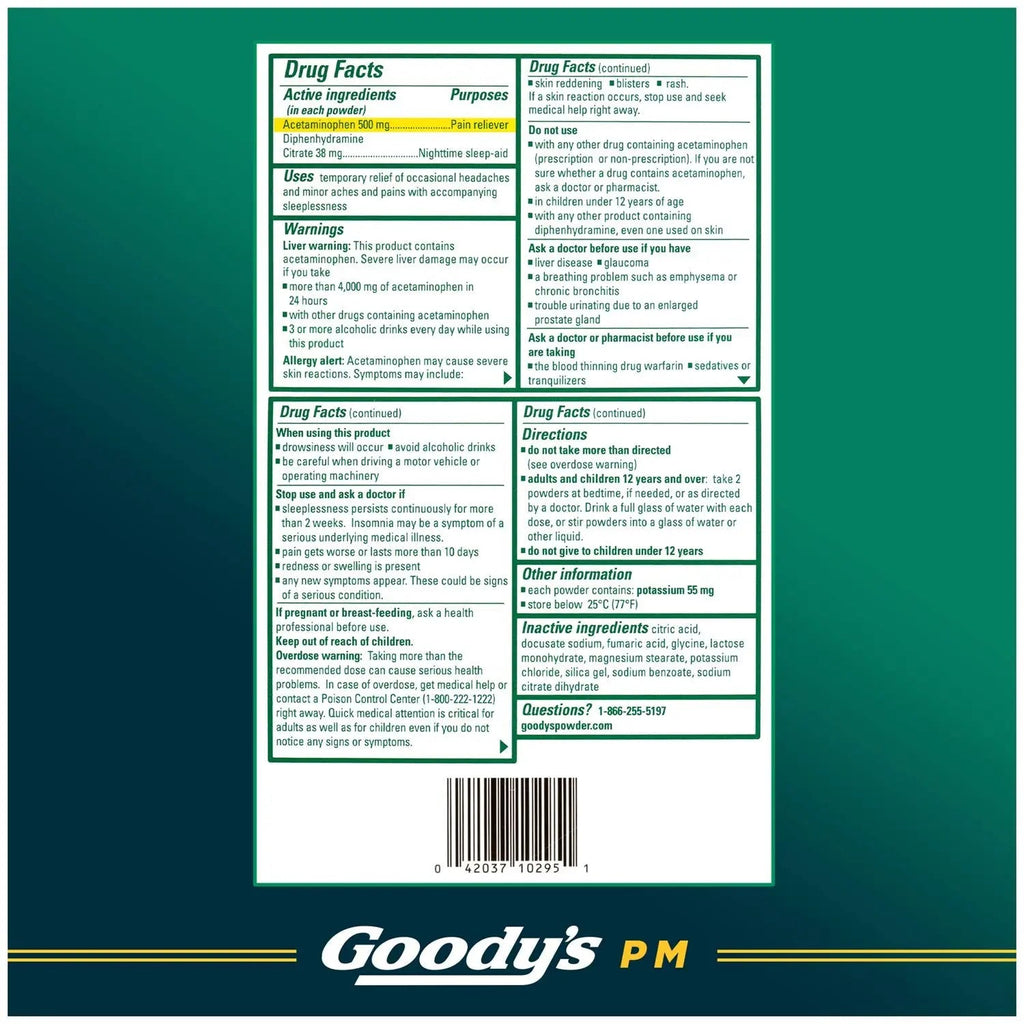 Goody's Nighttime Powder, Pain Reliever & Sleep Aid with Acetaminophen & Diphenhydramine Citrate, Caffeine Free, 16 Count - TrustMedUSA