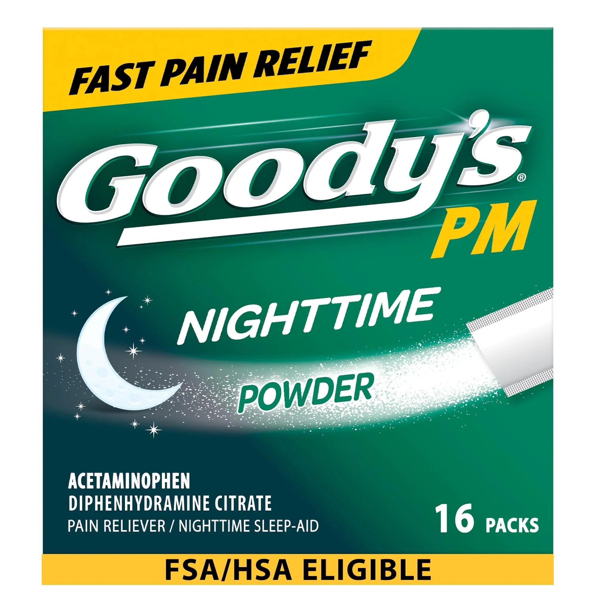 Goody's Nighttime Powder, Pain Reliever & Sleep Aid with Acetaminophen & Diphenhydramine Citrate, Caffeine Free, 16 Count - TrustMedUSA