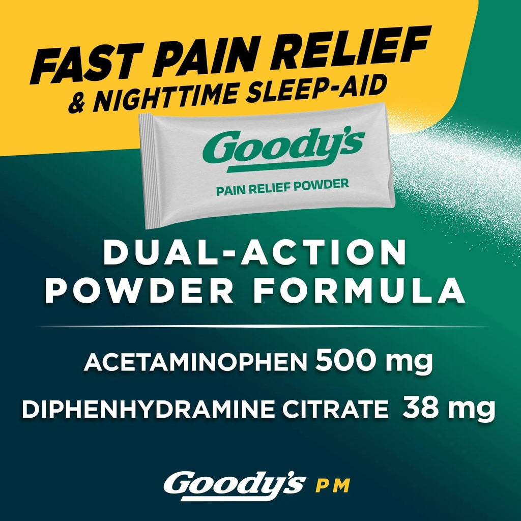 Goody's Nighttime Powder, Pain Reliever & Sleep Aid with Acetaminophen & Diphenhydramine Citrate, Caffeine Free, 16 Count - TrustMedUSA