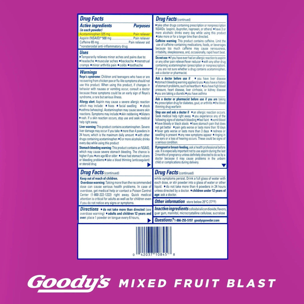 Goody's Pain Relief Powders, Extra Strength Headache Powder Mixed Fruit Blast, 24 ct (Pack of 1) - TrustMedUSA