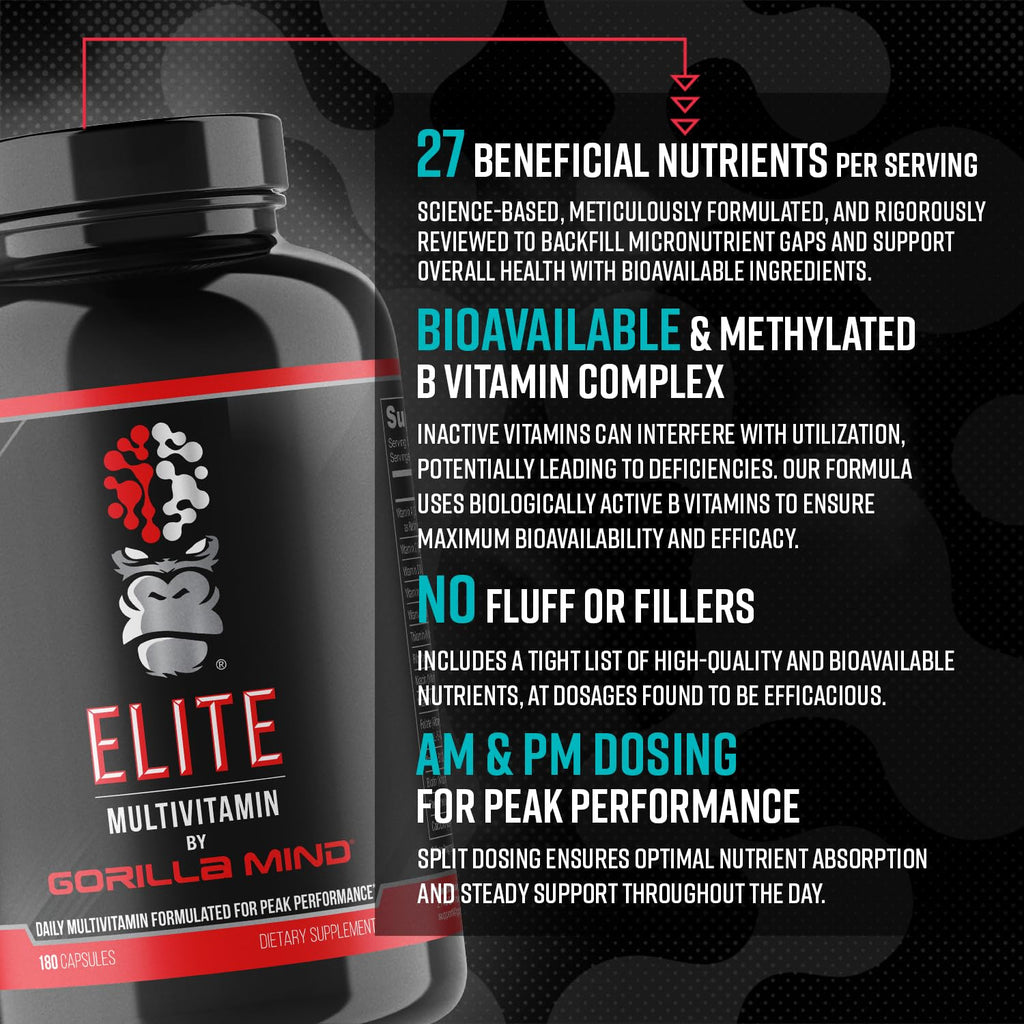 Gorilla Mind Elite Multi-Vitamin (180 Capsules) – Daily Multivitamin Formulated for Peak Performance | 27 Nutrients to Backfill Micronutrient Shortcomings - Maple Wellness Supplements